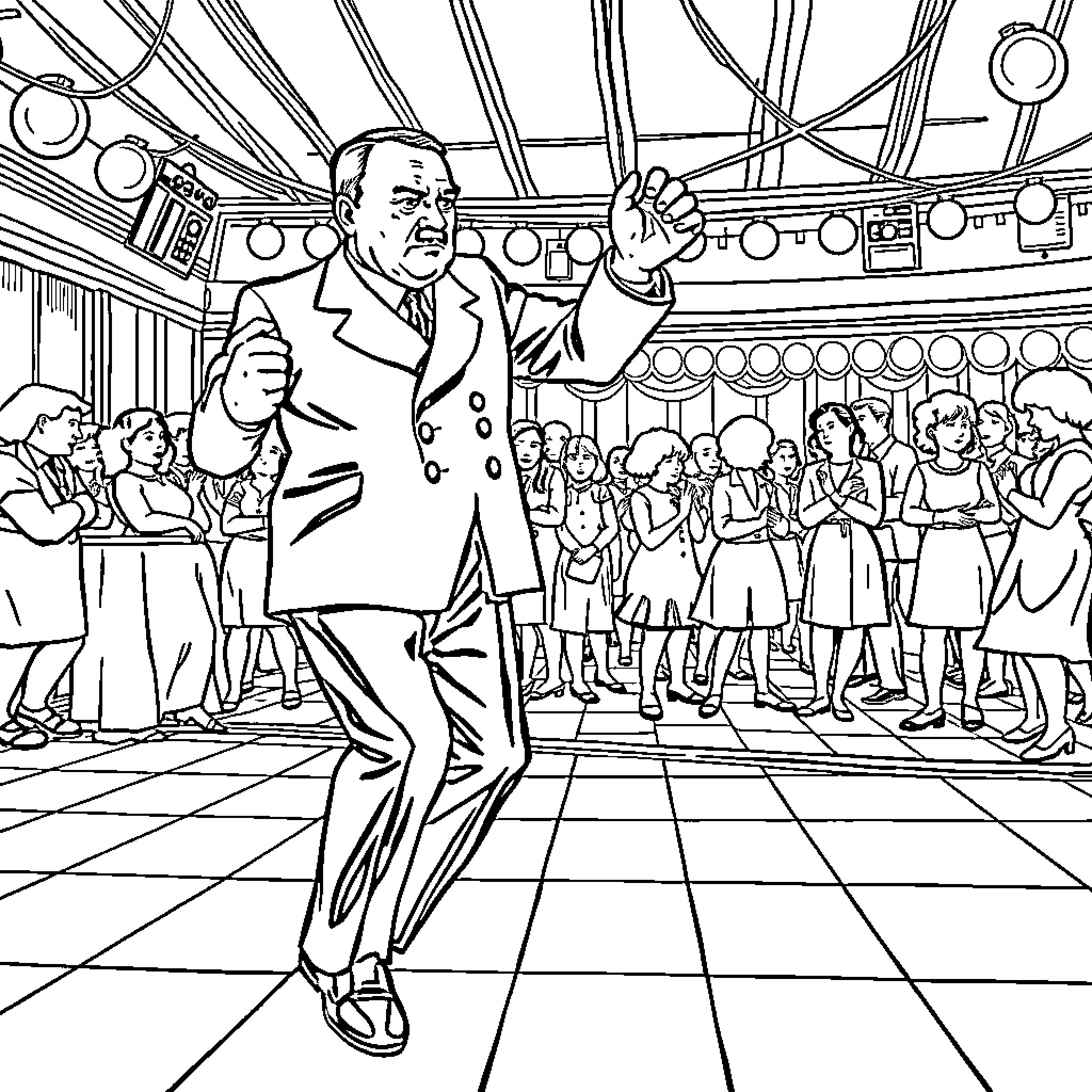 Adolf Hitler delivering a rousing speech to a crowd Coloring Page (free black-and-white line drawing printable PDF for all, from beginners to advanced learners, including children, teens, adults, and seniors)