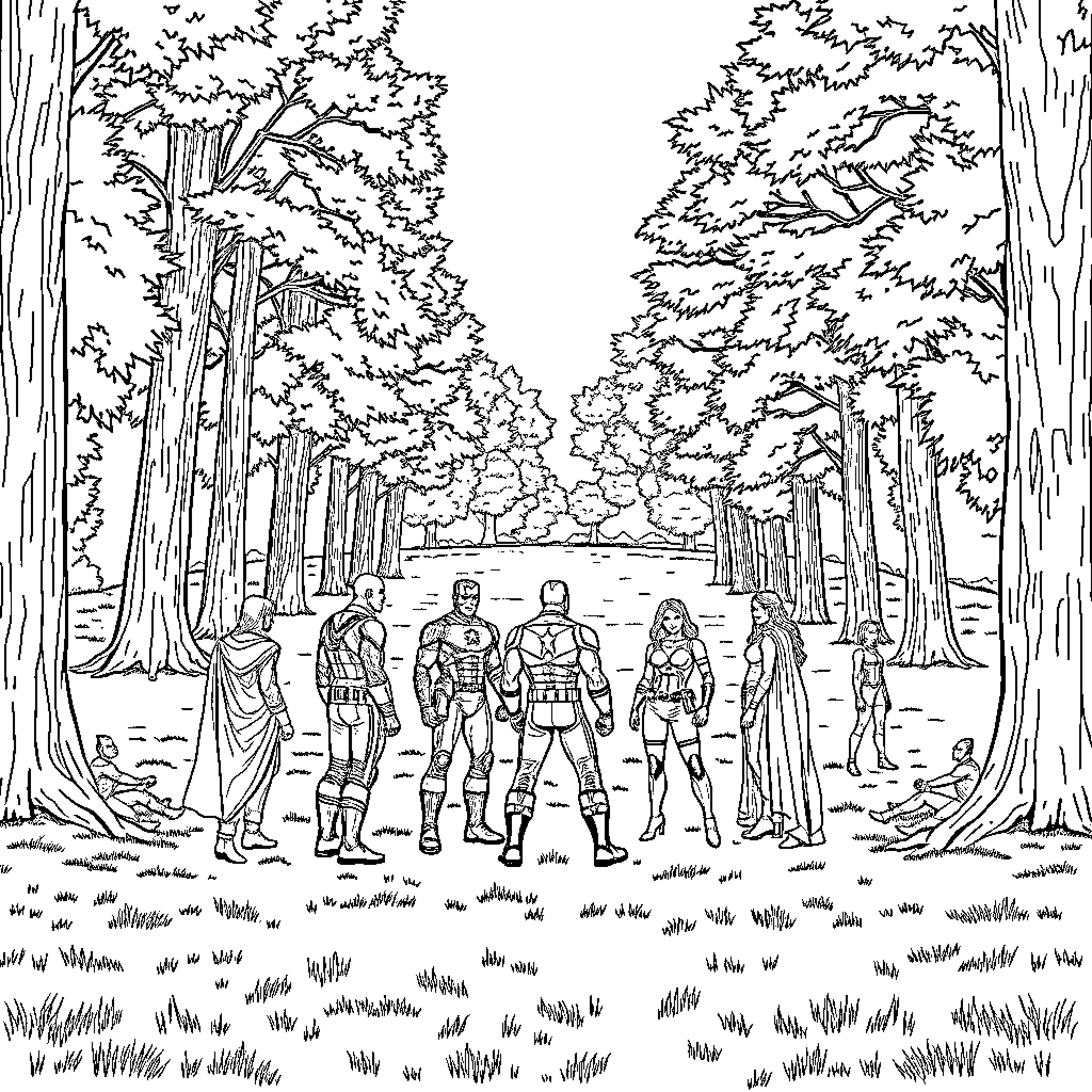 Avengers exploring a magical forest Coloring Page (free black-and-white line drawing printable PDF for all, from beginners to advanced learners, including children, teens, adults, and seniors)