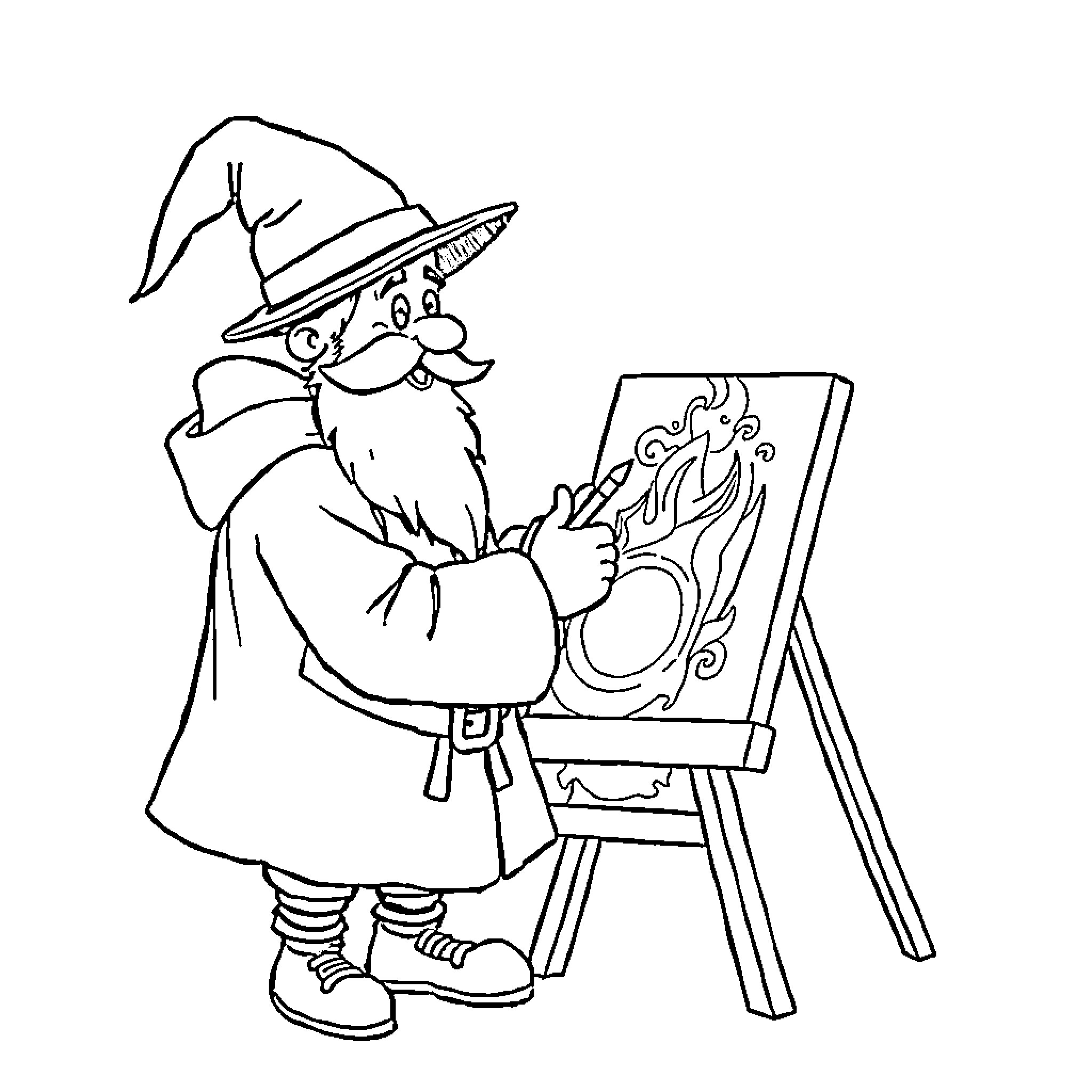 Zwarte Piet painting on an easel Coloring Page (free black-and-white line drawing printable PDF for all, from beginners to advanced learners, including children, teens, adults, and seniors)