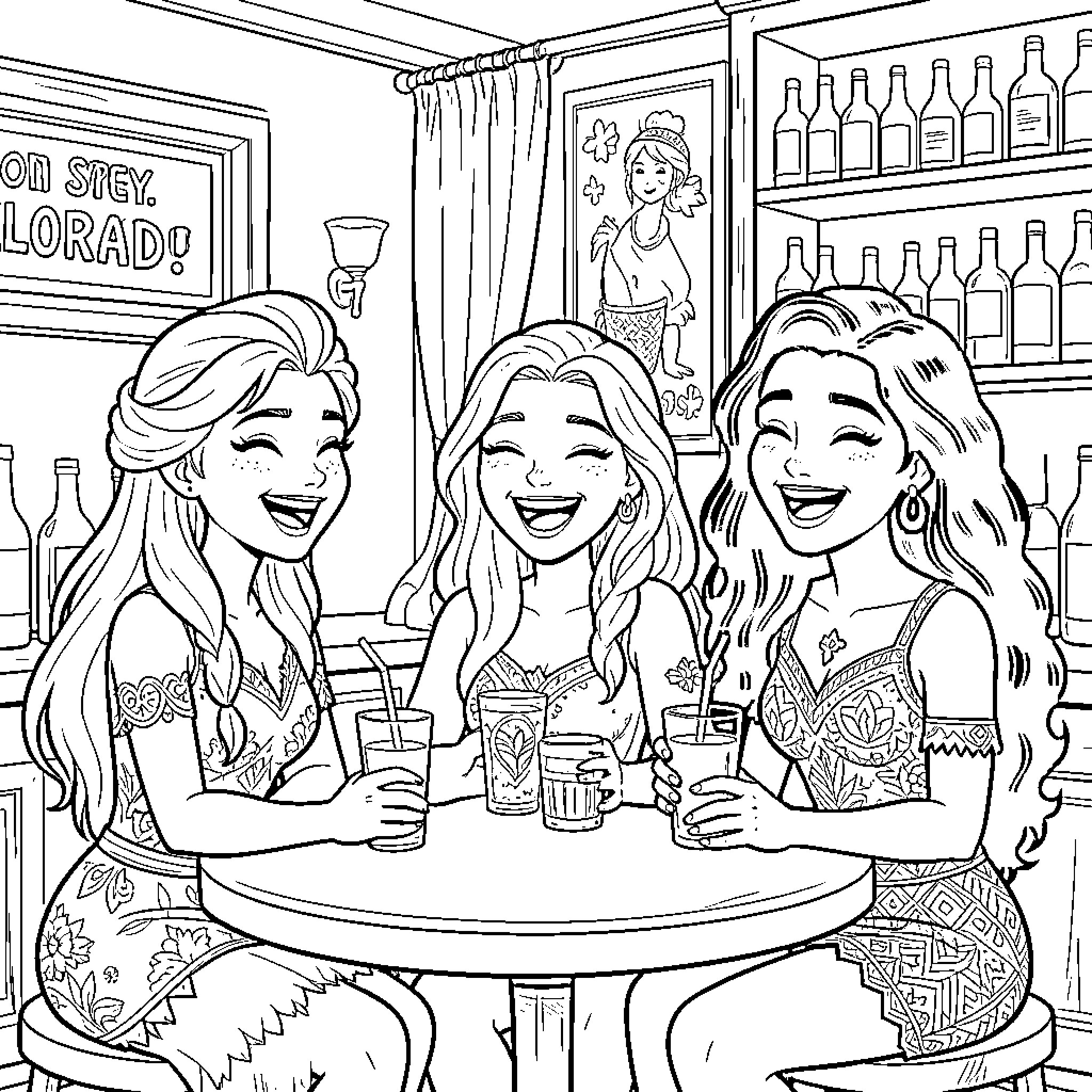 Elsa and friends laughing together at a cafe Coloring Page (free black-and-white line drawing printable PDF for all, from beginners to advanced learners, including children, teens, adults, and seniors)