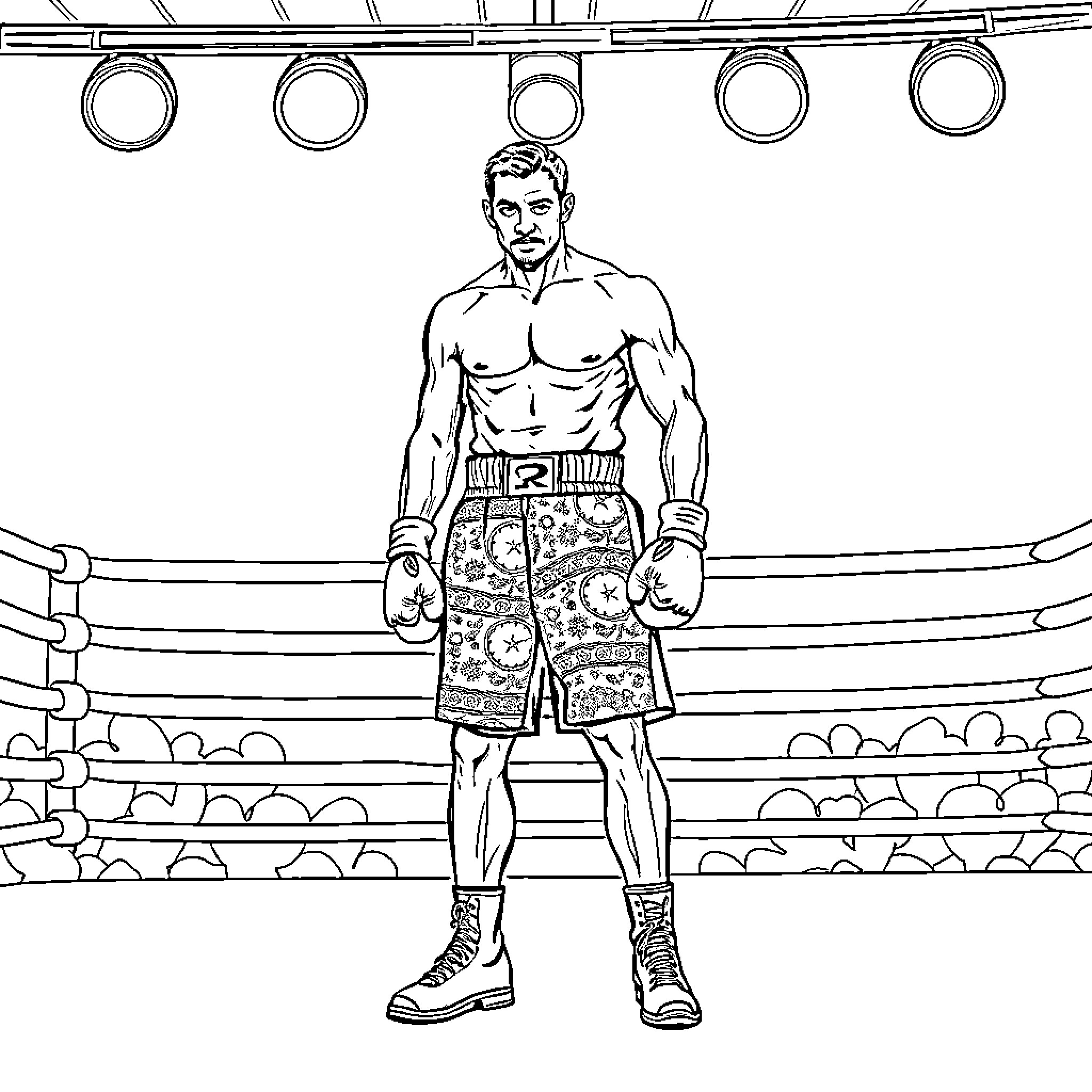 Boxer standing confidently in the ring Coloring Page (free black-and-white line drawing printable PDF for all, from beginners to advanced learners, including children, teens, adults, and seniors)