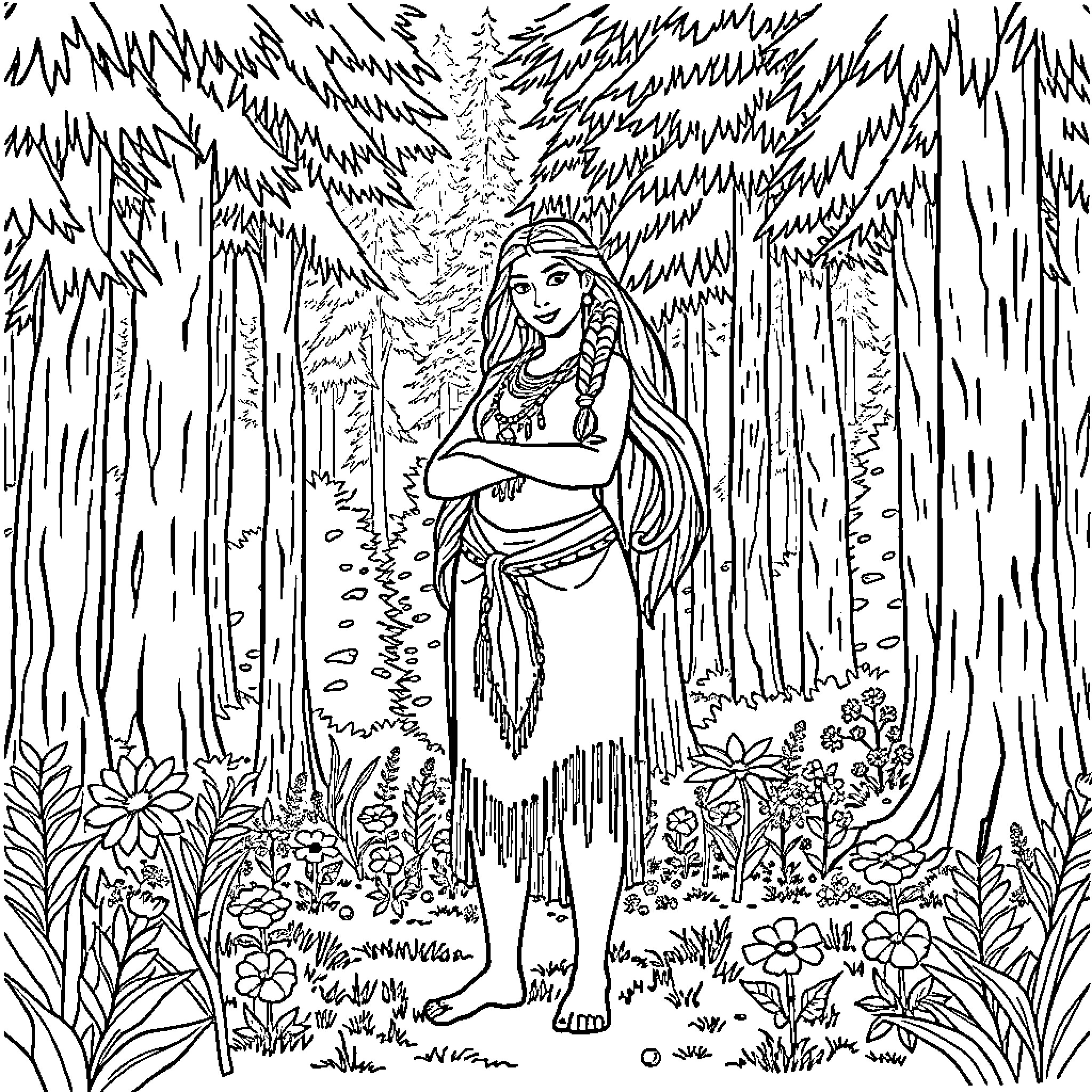 Pocahontas exploring the enchanted forest Coloring Page (free black-and-white line drawing printable PDF for all, from beginners to advanced learners, including children, teens, adults, and seniors)