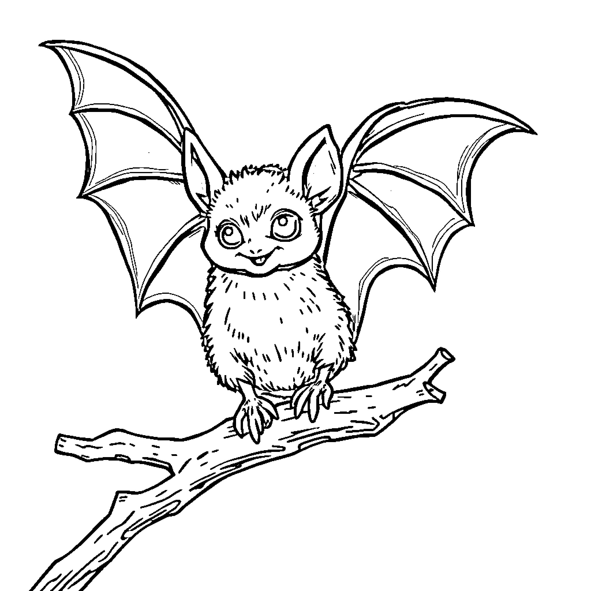 Bat with large wings perched on a branch Coloring Page (free black-and-white line drawing printable PDF for all, from beginners to advanced learners, including children, teens, adults, and seniors)