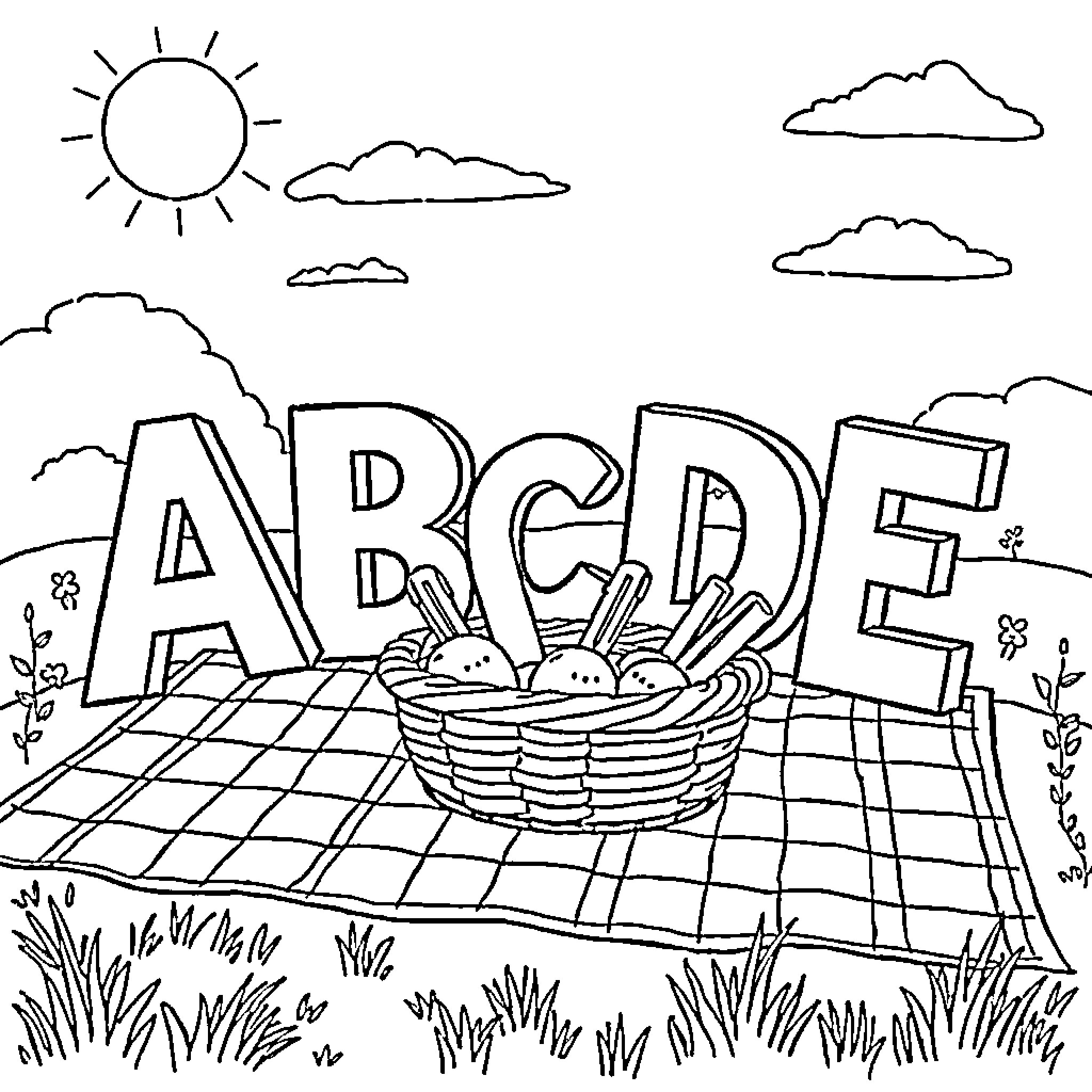 Letter with Rabbits in Basket on Picnic Blanket Coloring Page (free black-and-white line drawing printable PDF for all, from beginners to advanced learners, including children, teens, adults, and seniors)