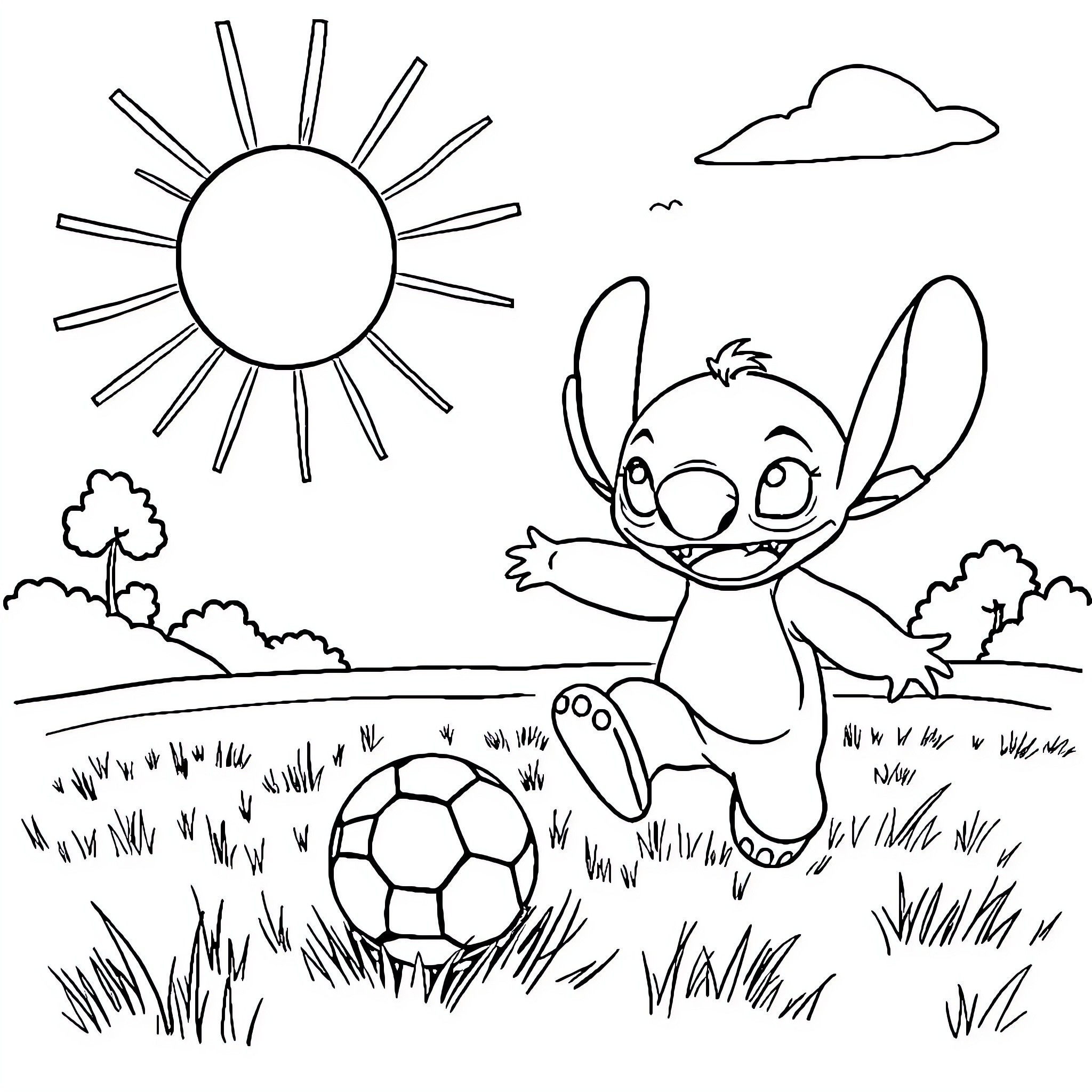 Blue character playing with soccer ball in nature Coloring Page (free black-and-white line drawing printable PDF for all, from beginners to advanced learners, including children, teens, adults, and seniors)