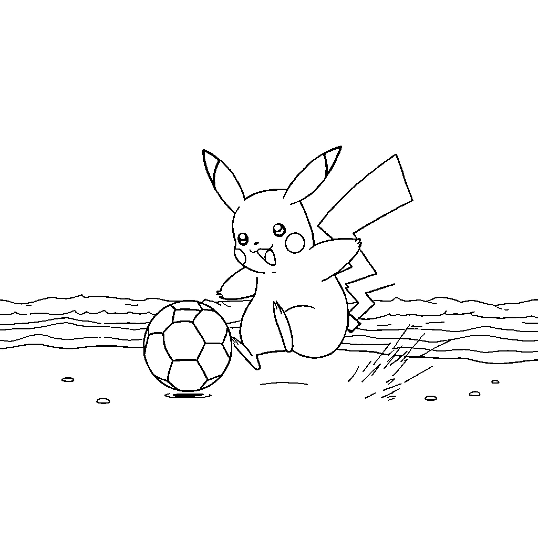 Pikachu playing with a soccer ball on the beach Coloring Page (free black-and-white line drawing printable PDF for all, from beginners to advanced learners, including children, teens, adults, and seniors)