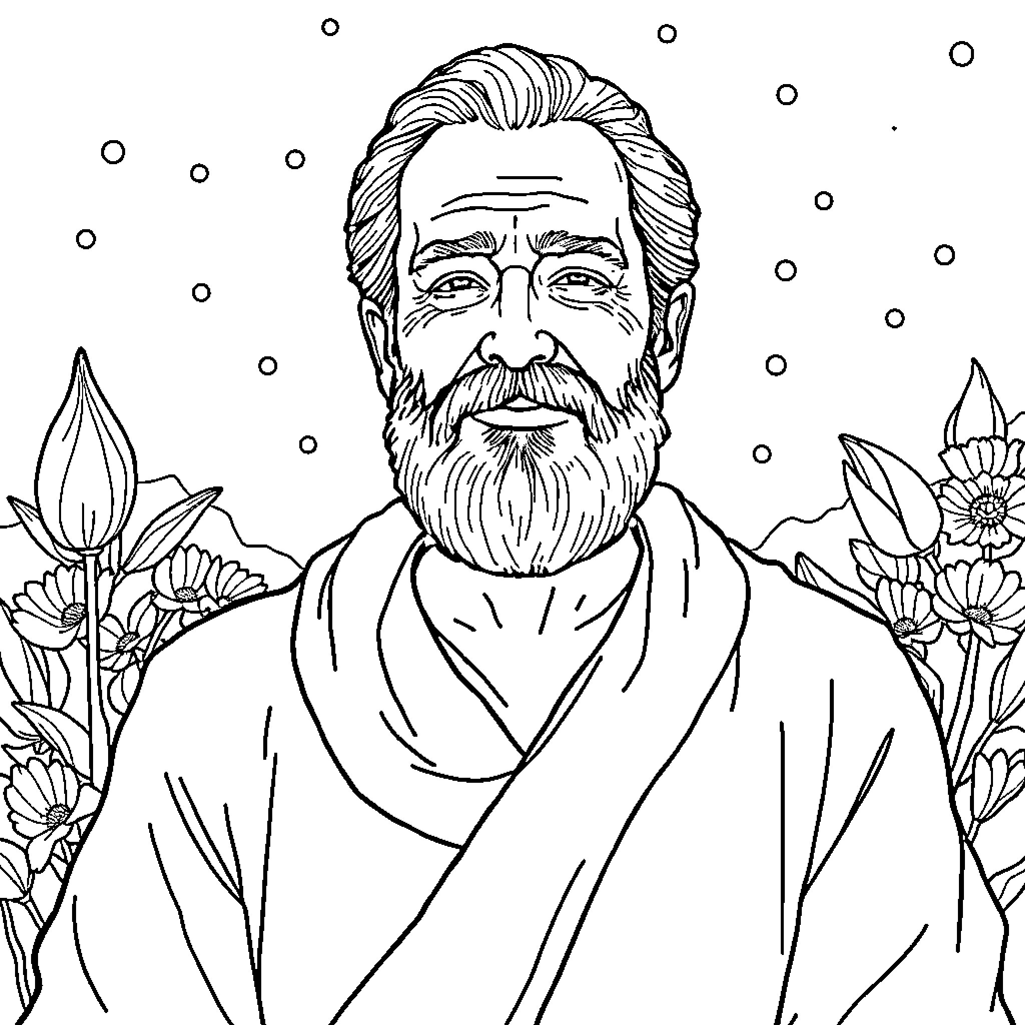 Bruno Groening sitting in a serene flower garden Coloring Page (free black-and-white line drawing printable PDF for all, from beginners to advanced learners, including children, teens, adults, and seniors)