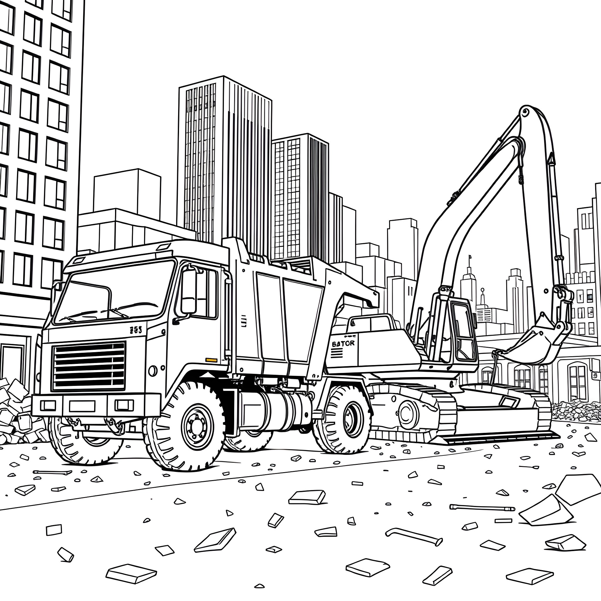 Trash Truck Operating in Urban Construction Site Coloring Page (free black-and-white line drawing printable PDF for all, from beginners to advanced learners, including children, teens, adults, and seniors)
