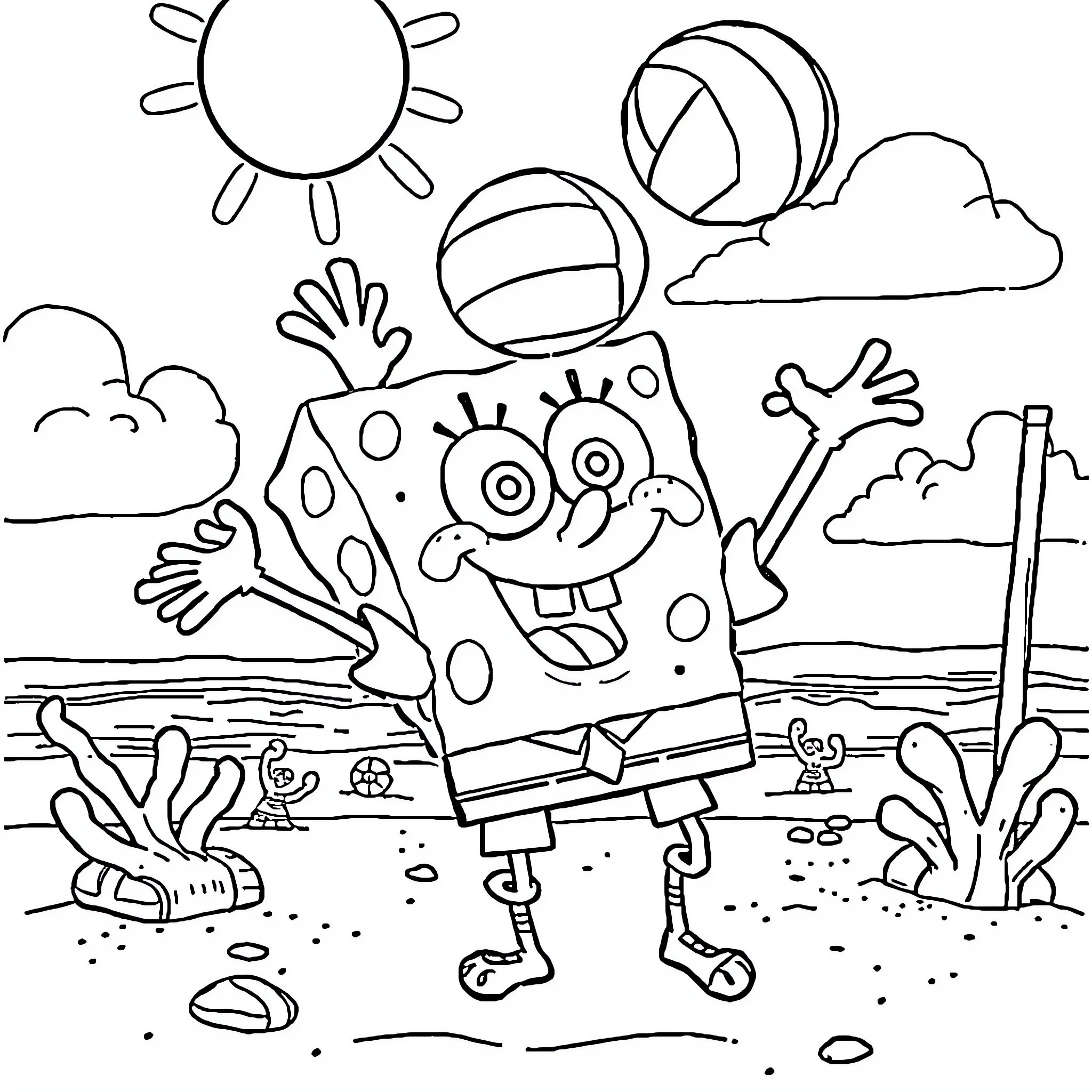 Spongebob playing on the beach Coloring Page (free black-and-white line drawing printable PDF for all, from beginners to advanced learners, including children, teens, adults, and seniors)