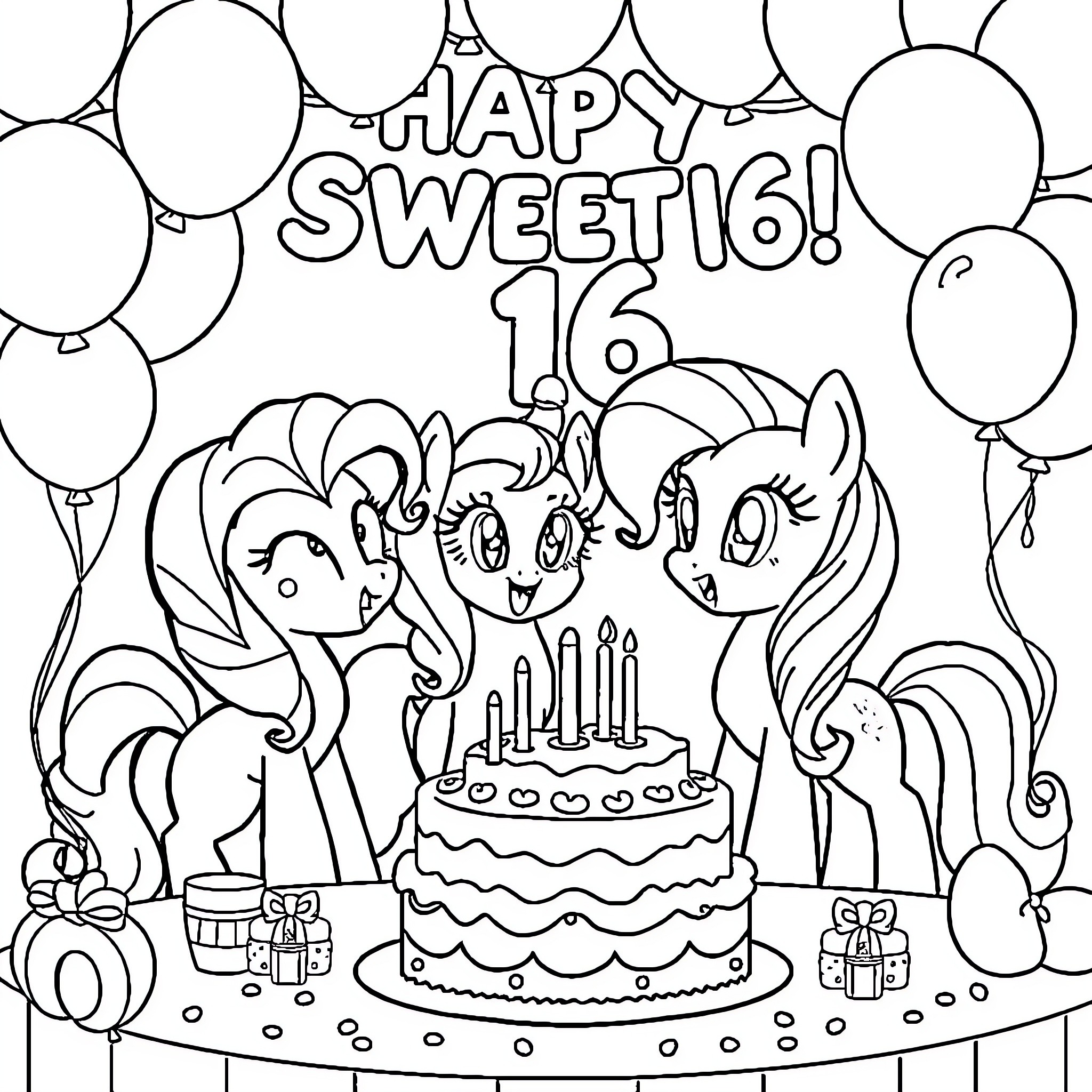 Pony friends celebrate Sweet 16 with cake and balloons Coloring Page (free black-and-white line drawing printable PDF for all, from beginners to advanced learners, including children, teens, adults, and seniors)