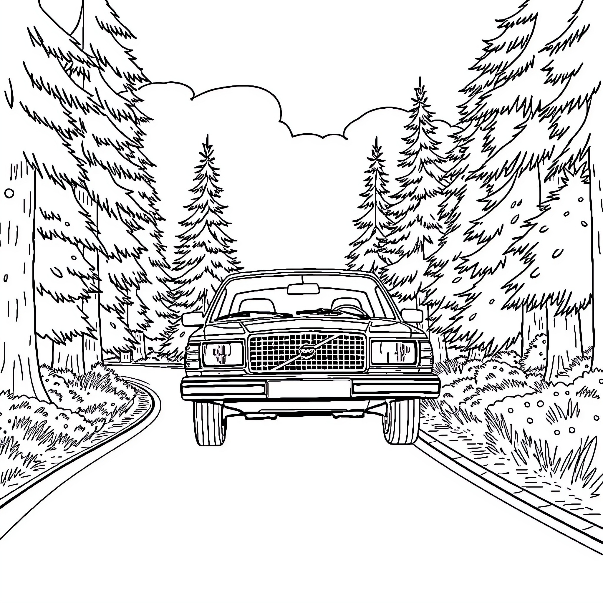 Volvo SUV Navigating Forest Road Coloring Page (free black-and-white line drawing printable PDF for all, from beginners to advanced learners, including children, teens, adults, and seniors)