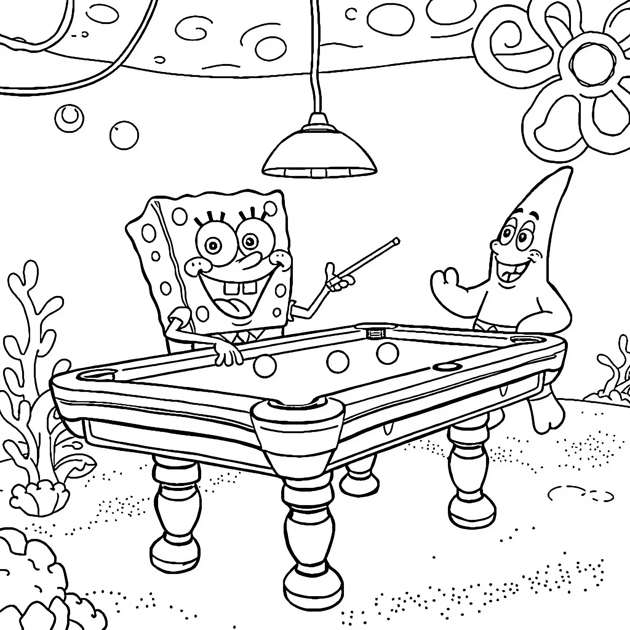 Spongebob and Patrick playing pool together Coloring Page (free black-and-white line drawing printable PDF for all, from beginners to advanced learners, including children, teens, adults, and seniors)