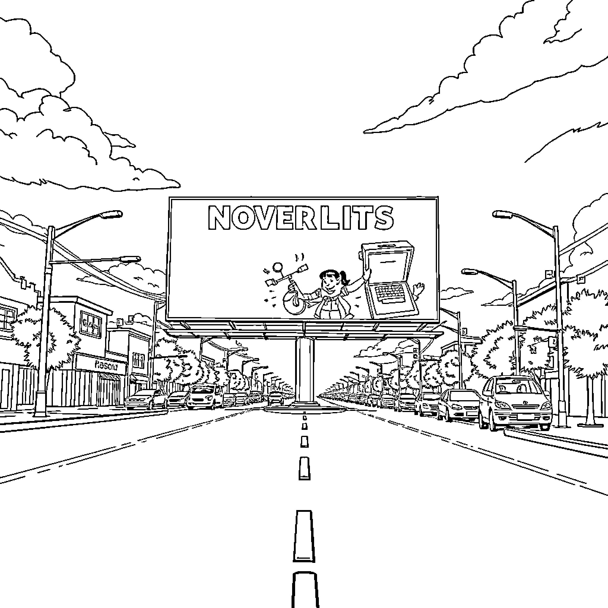 Billboard for Noverlits product on city street Coloring Page (free black-and-white line drawing printable PDF for all, from beginners to advanced learners, including children, teens, adults, and seniors)