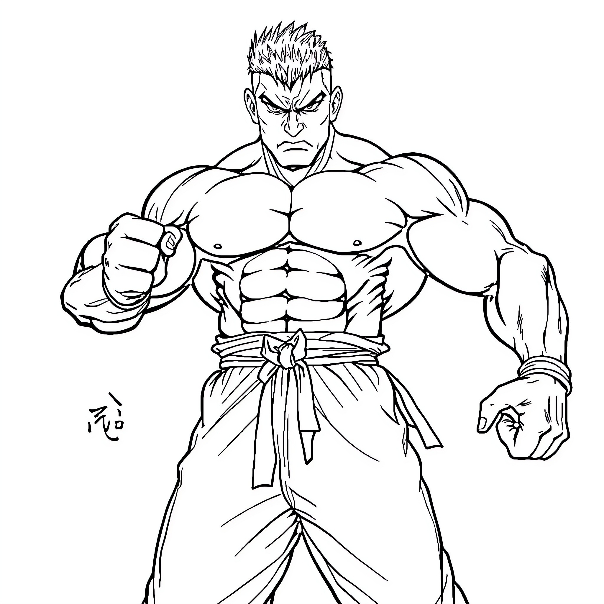 Sagat, the Powerful Martial Artist in Action Coloring Page (free black-and-white line drawing printable PDF for all, from beginners to advanced learners, including children, teens, adults, and seniors)