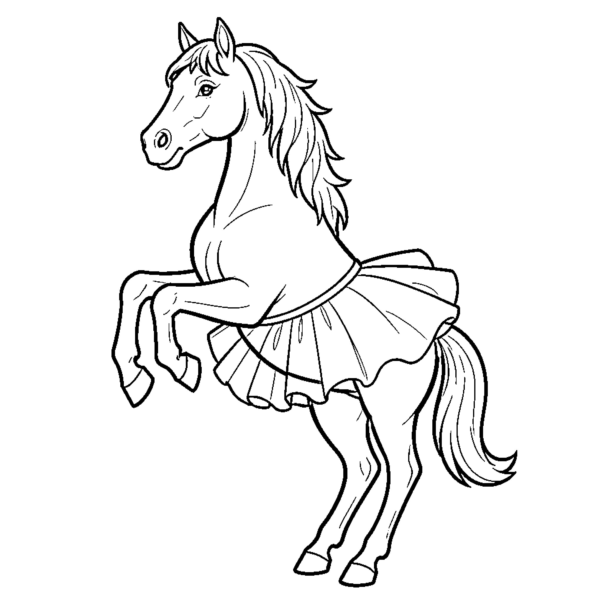 Horse wearing a tutu while dancing gracefully Coloring Page (free black-and-white line drawing printable PDF for all, from beginners to advanced learners, including children, teens, adults, and seniors)