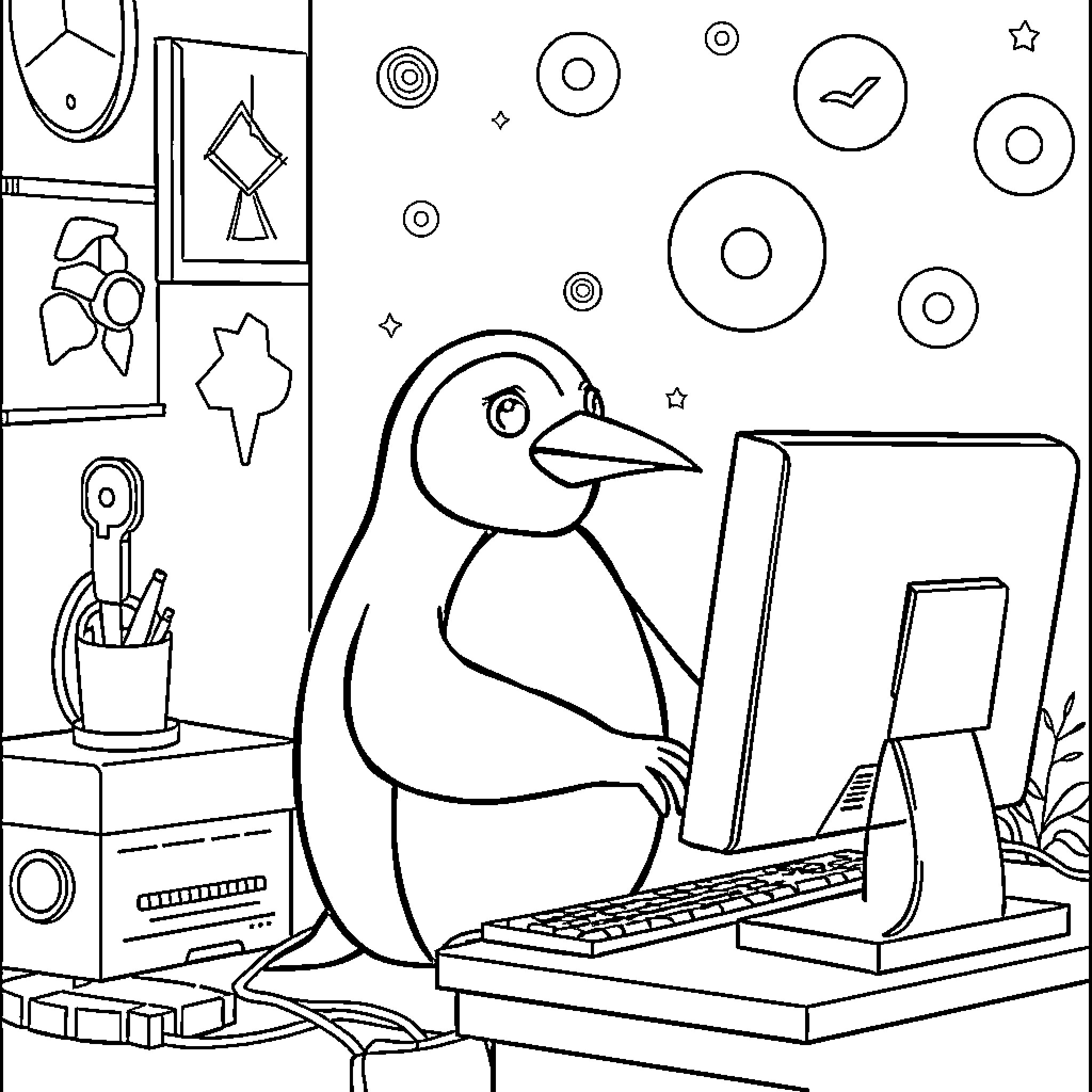 Penguin working diligently on a computer Coloring Page (free black-and-white line drawing printable PDF for all, from beginners to advanced learners, including children, teens, adults, and seniors)