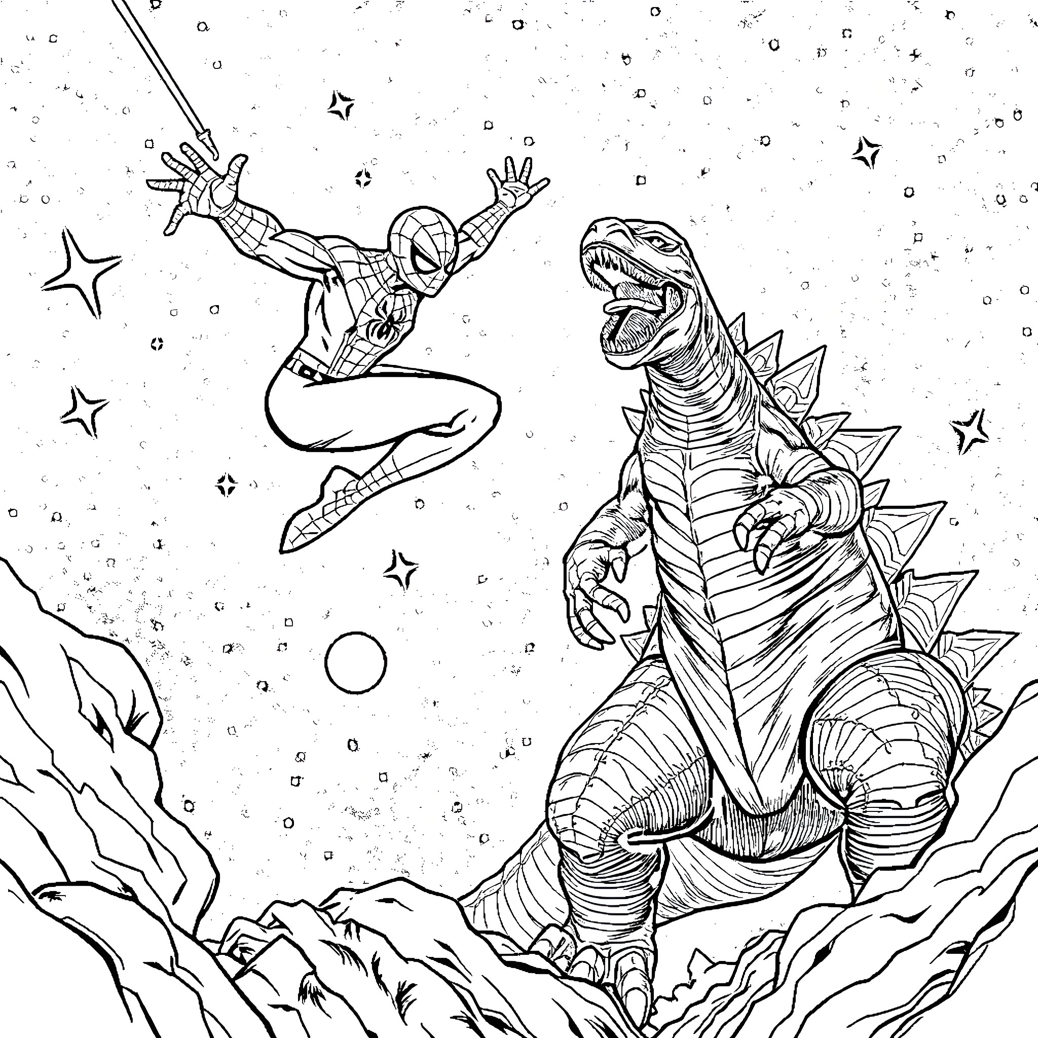 Spider-Man battling a giant dinosaur in space Coloring Page (free black-and-white line drawing printable PDF for all, from beginners to advanced learners, including children, teens, adults, and seniors)