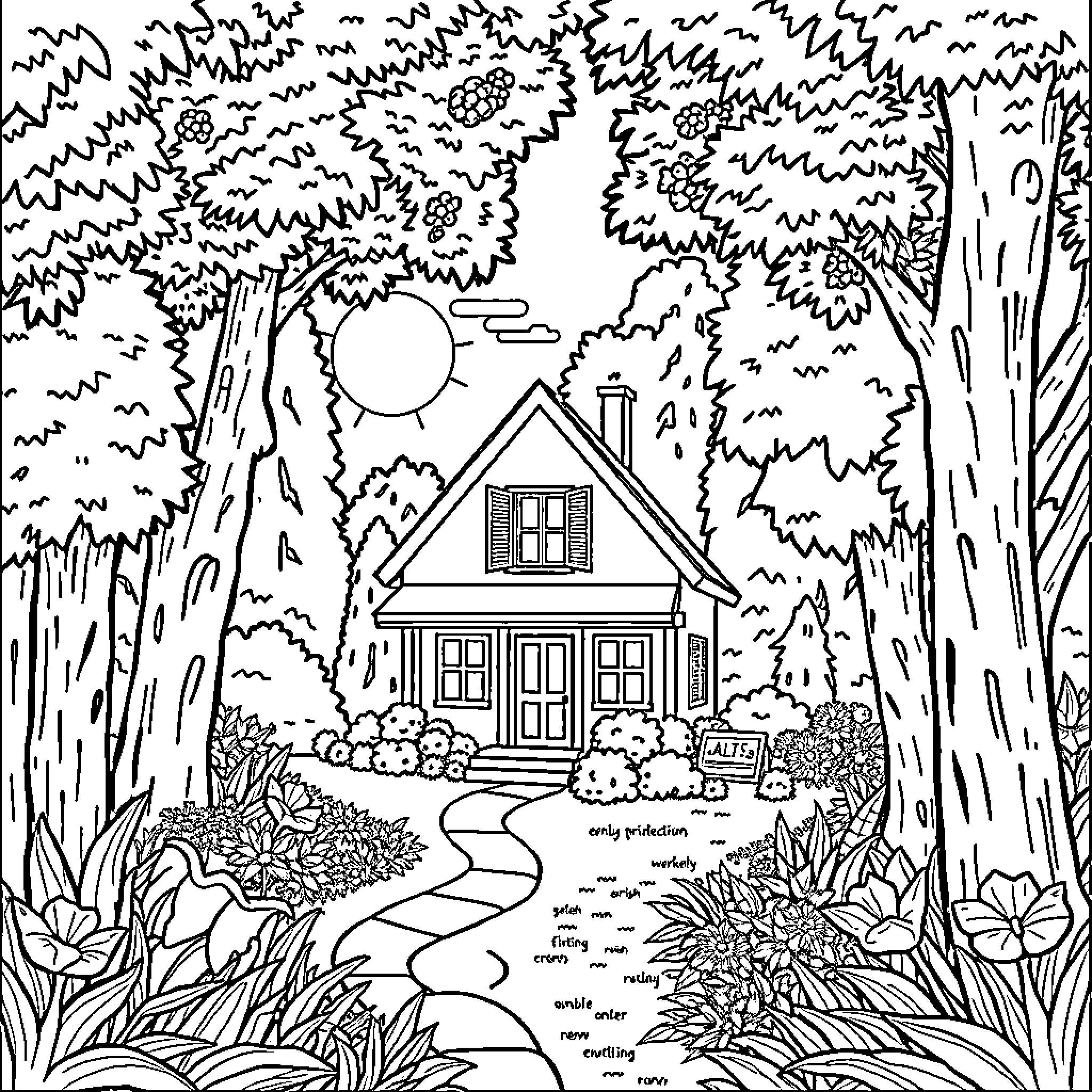 House in the Enchanted Forest Coloring Page (free black-and-white line drawing printable PDF for all, from beginners to advanced learners, including children, teens, adults, and seniors)