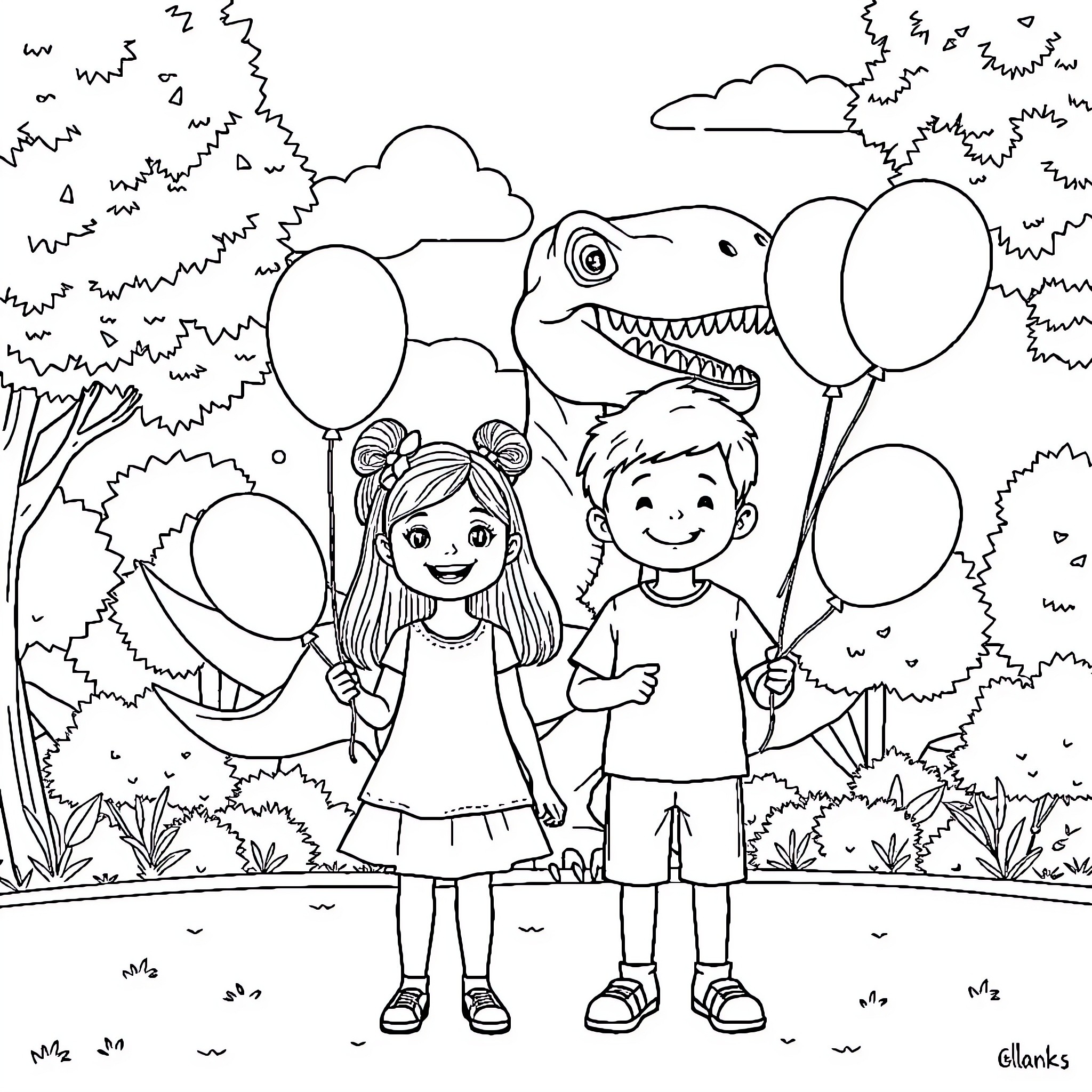 Kid with Balloons Visiting Dinosaur Park Coloring Page (free black-and-white line drawing printable PDF for all, from beginners to advanced learners, including children, teens, adults, and seniors)