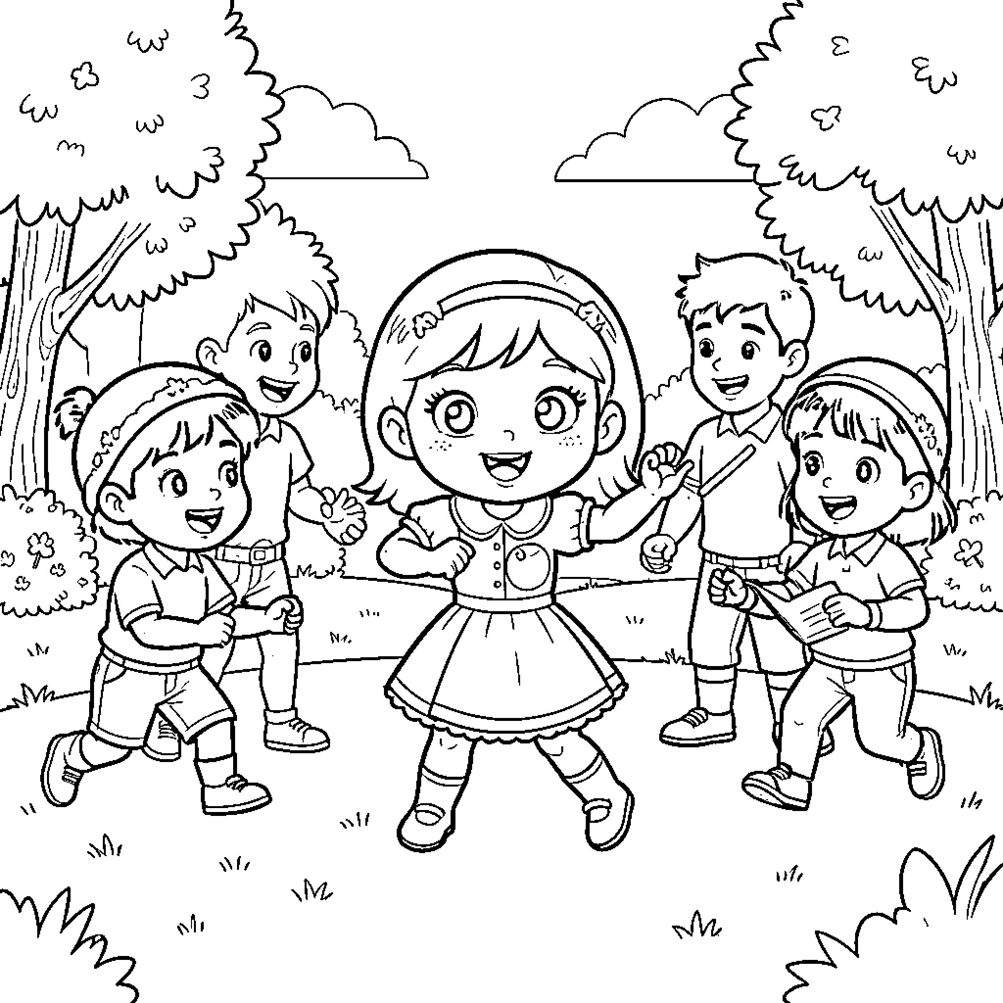 Masha and her friends playing happily outdoors Coloring Page (free black-and-white line drawing printable PDF for all, from beginners to advanced learners, including children, teens, adults, and seniors)