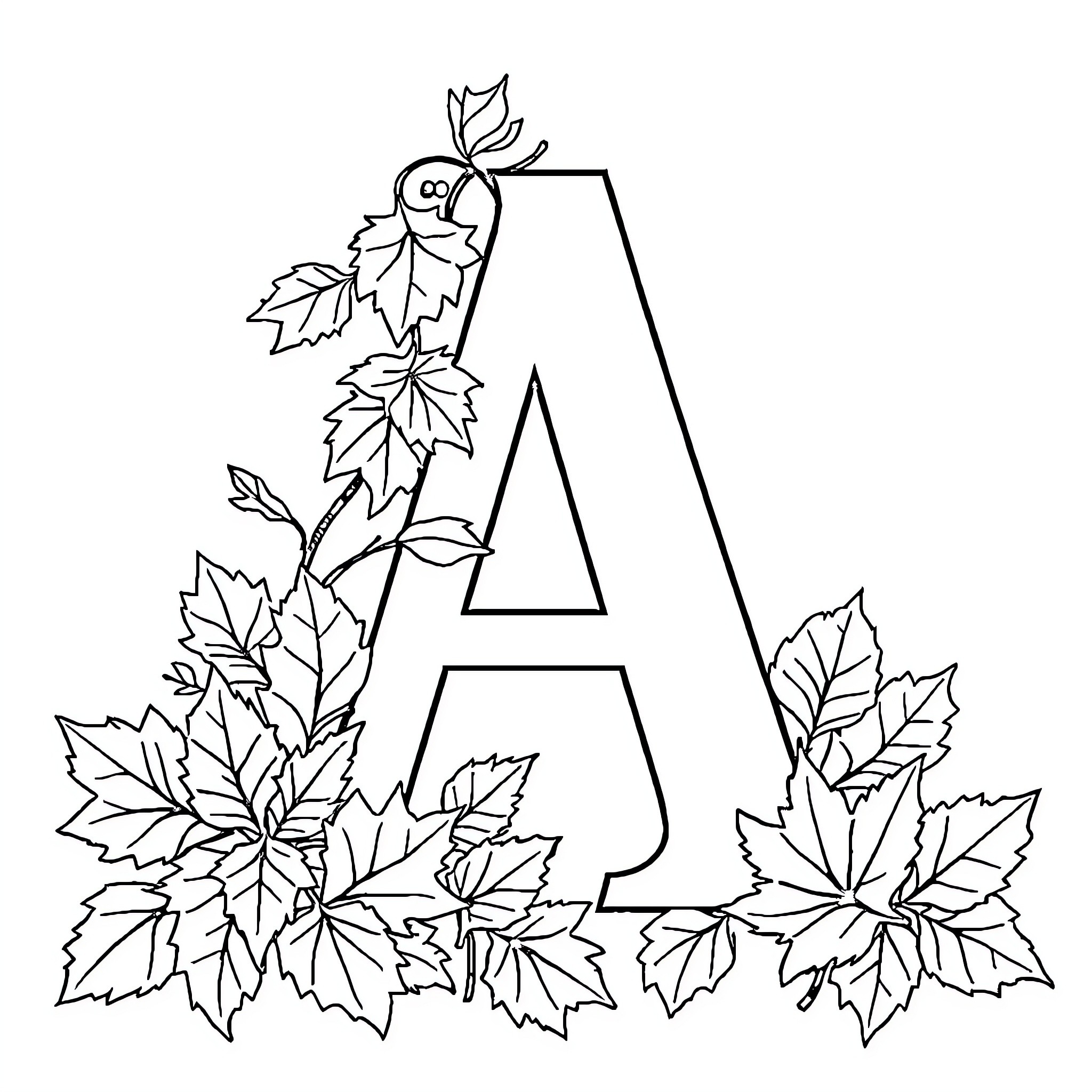 Autumn Leaves Forming Letter A Coloring Page (free black-and-white line drawing printable PDF for all, from beginners to advanced learners, including children, teens, adults, and seniors)