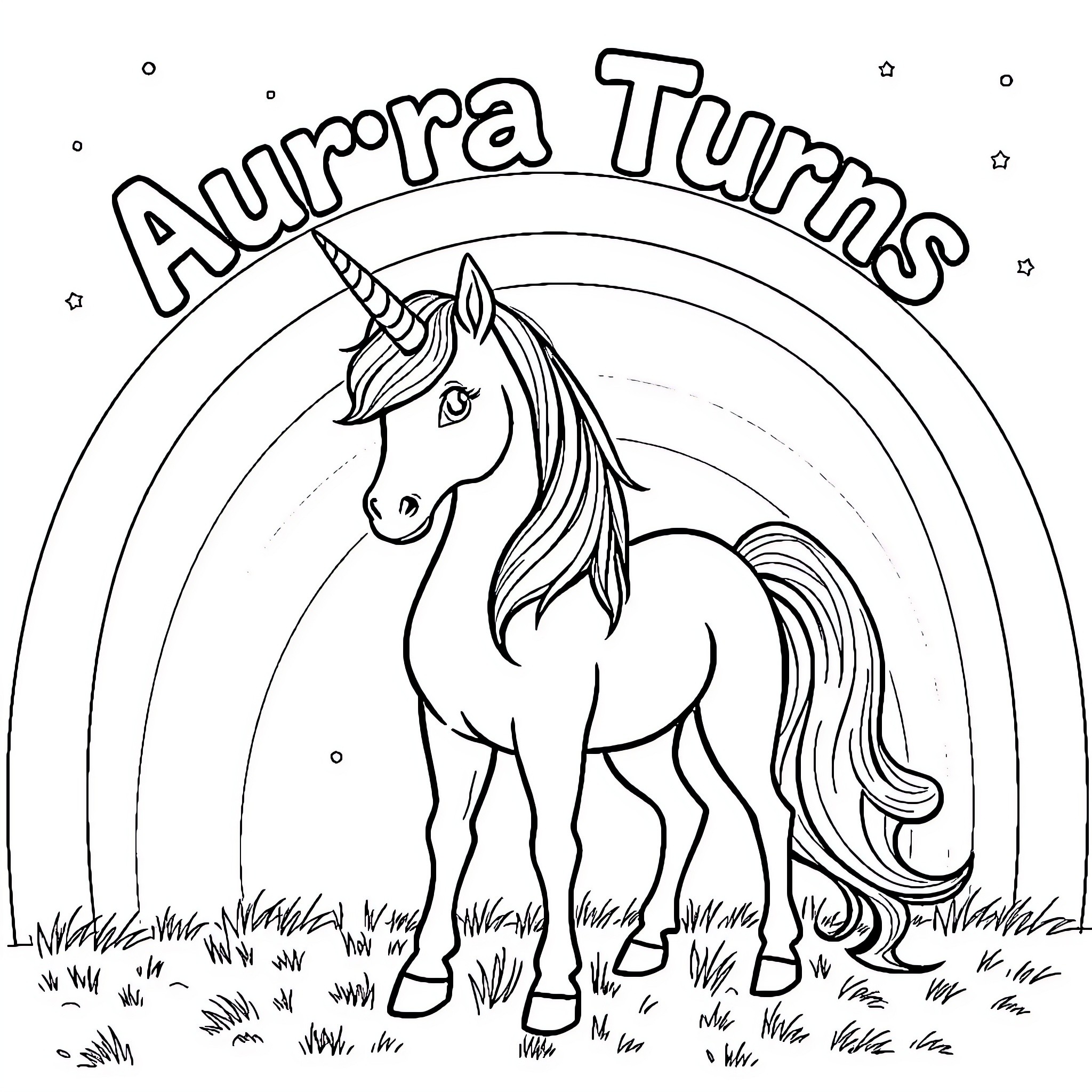Unicorn stands majestically in a field Coloring Page (free black-and-white line drawing printable PDF for all, from beginners to advanced learners, including children, teens, adults, and seniors)