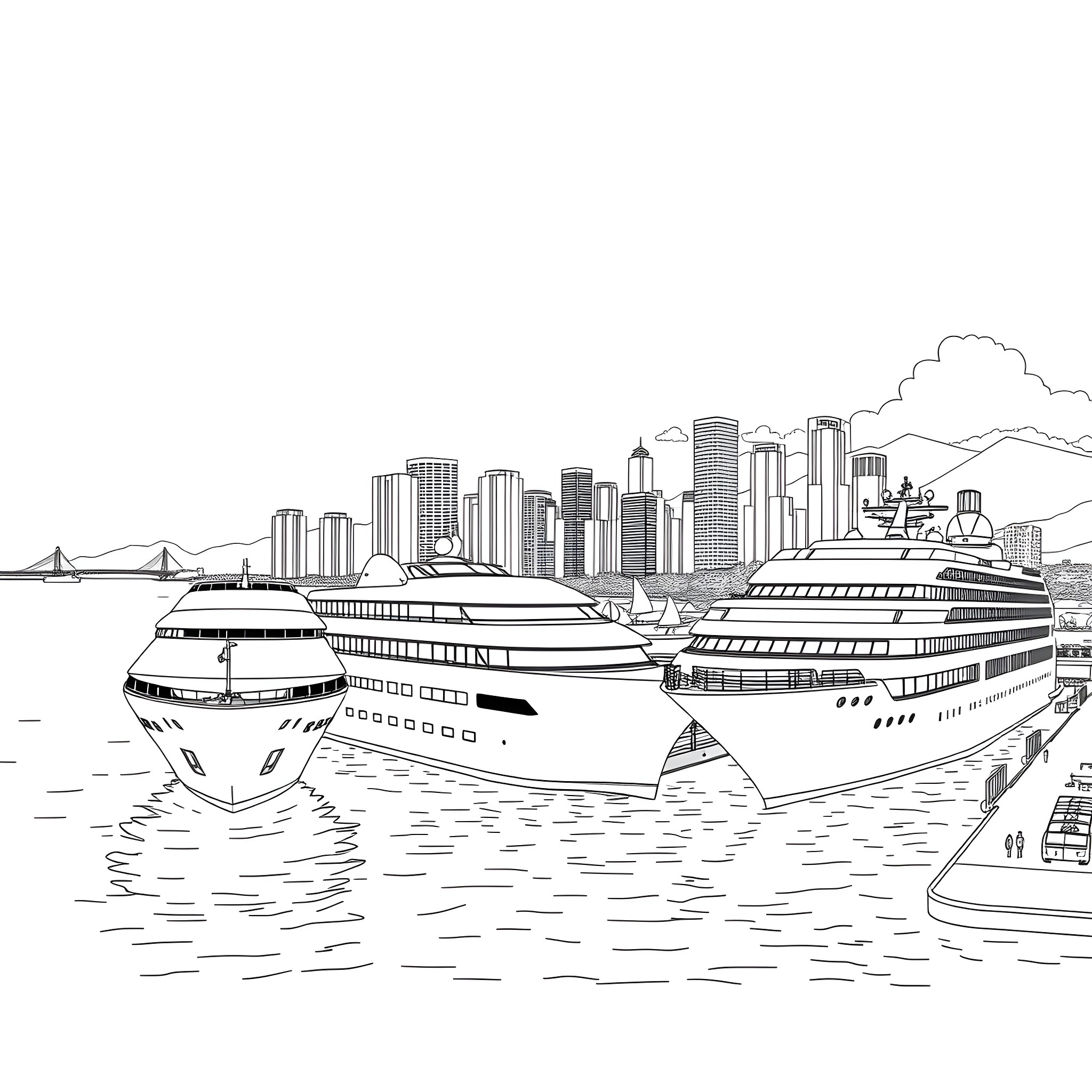 Ship sailing along the city skyline Coloring Page (free black-and-white line drawing printable PDF for all, from beginners to advanced learners, including children, teens, adults, and seniors)