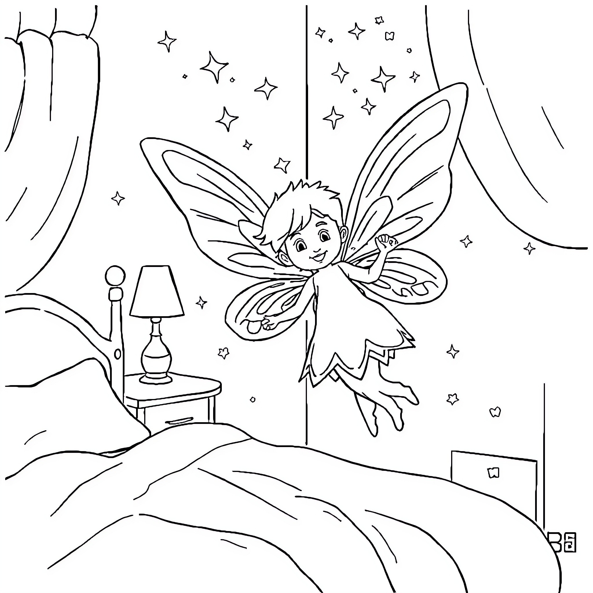 Tooth Fairy visiting a child's bedroom at night Coloring Page (free black-and-white line drawing printable PDF for all, from beginners to advanced learners, including children, teens, adults, and seniors)