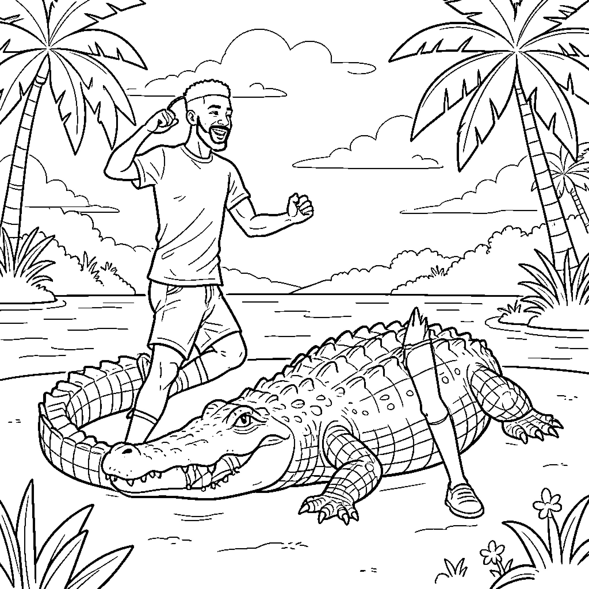 Mbappe running excitedly near a large crocodile Coloring Page (free black-and-white line drawing printable PDF for all, from beginners to advanced learners, including children, teens, adults, and seniors)