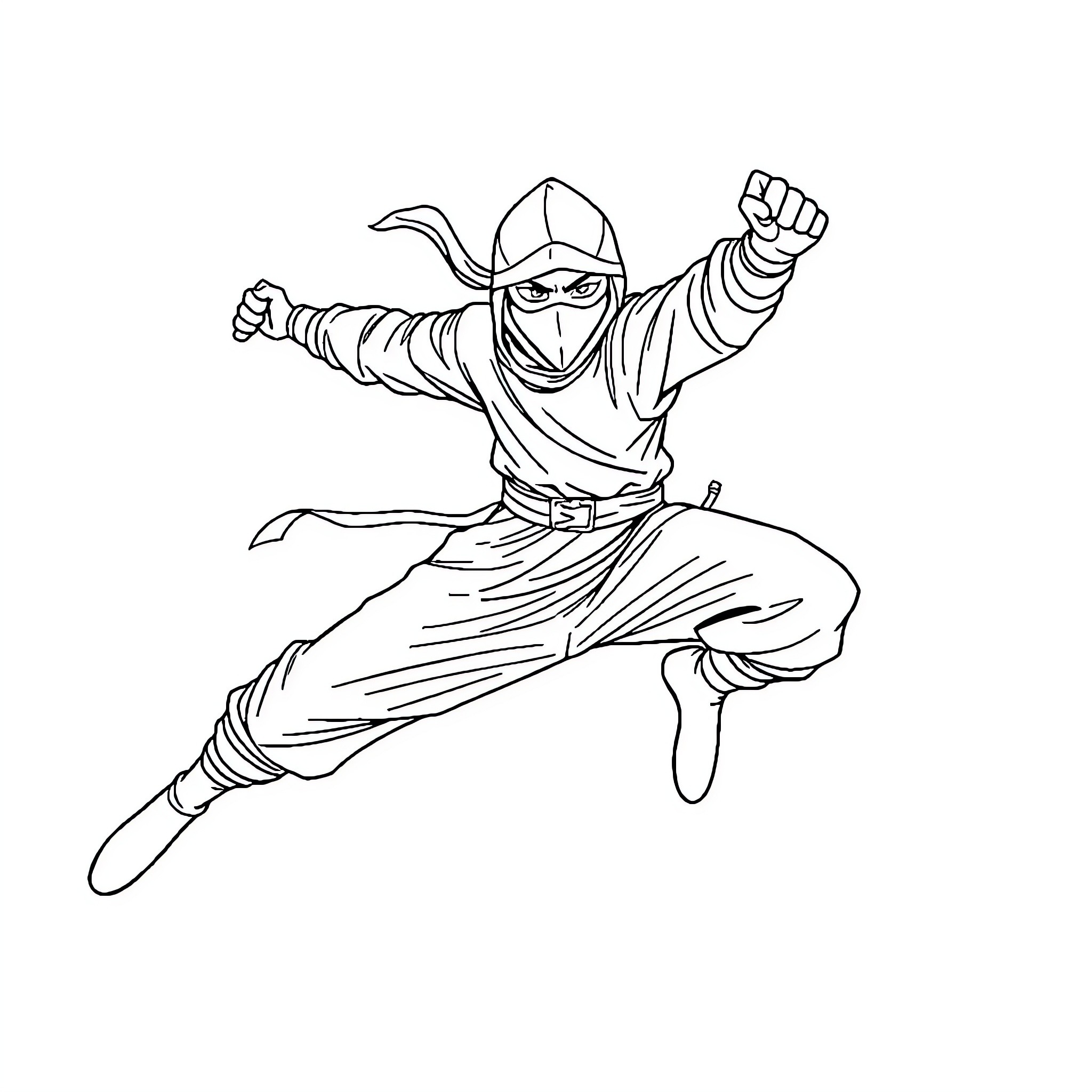 Ninja in action-packed pose with weapons Coloring Page (free black-and-white line drawing printable PDF for all, from beginners to advanced learners, including children, teens, adults, and seniors)