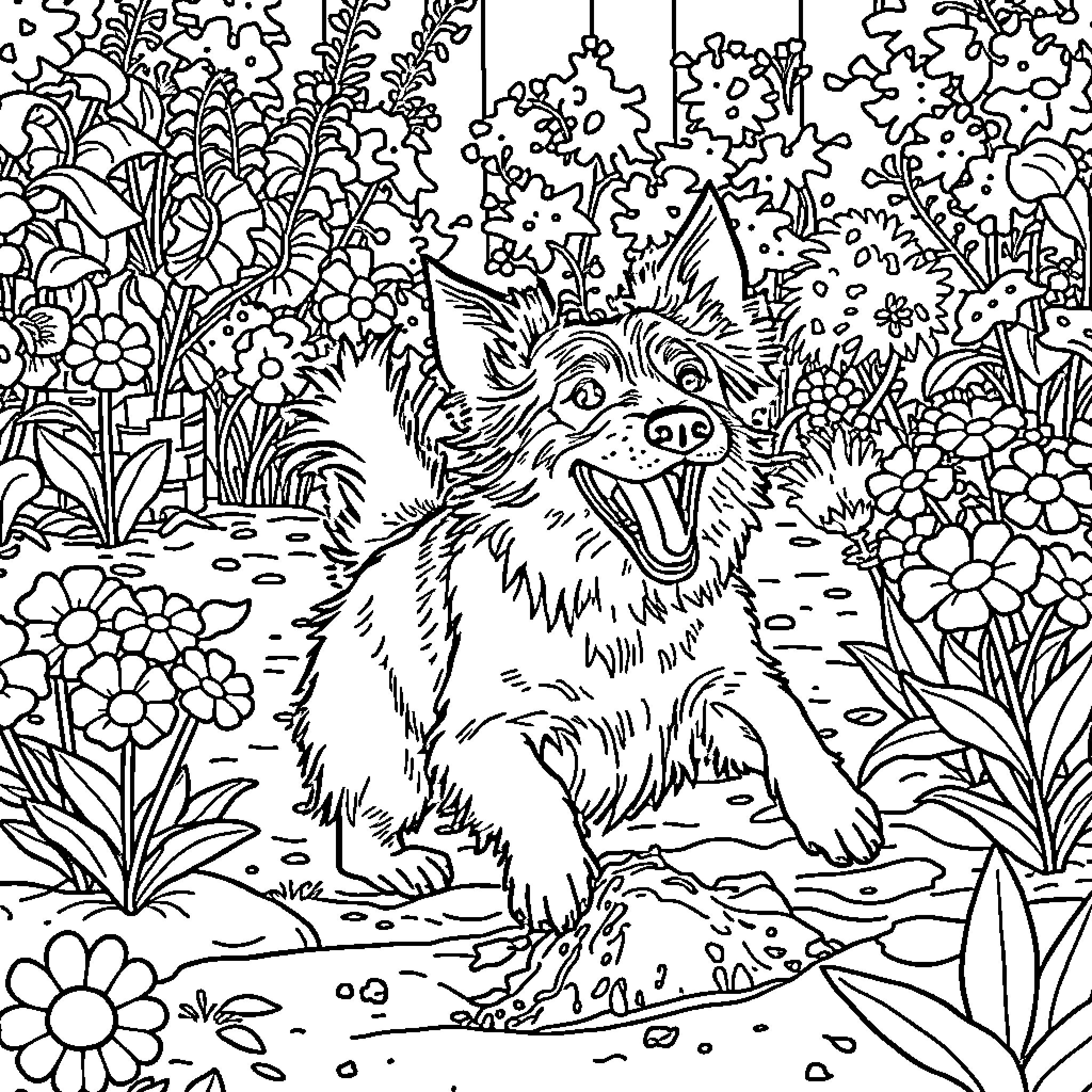 Jack Russell Terrier frolicking in a whimsical garden Coloring Page (free black-and-white line drawing printable PDF for all, from beginners to advanced learners, including children, teens, adults, and seniors)