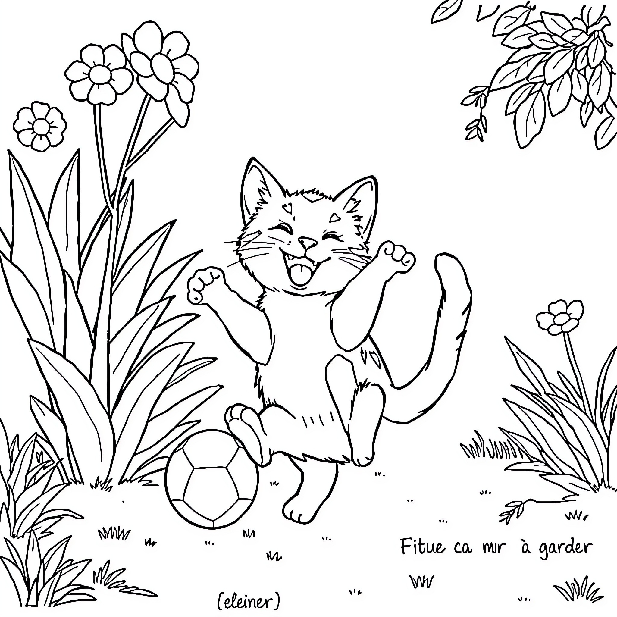 Cat playing with a soccer ball in the garden Coloring Page (free black-and-white line drawing printable PDF for all, from beginners to advanced learners, including children, teens, adults, and seniors)