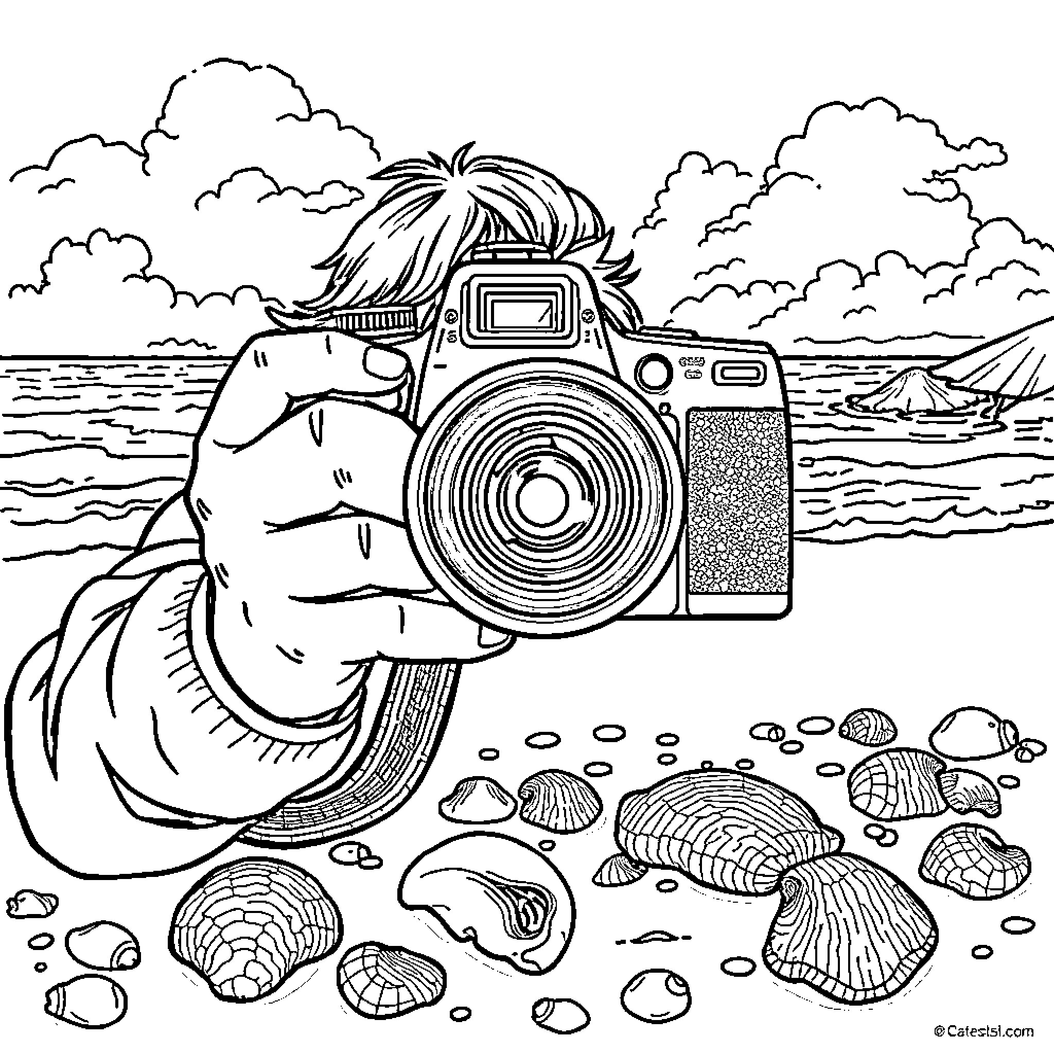 Seashell photographer capturing scenic coastal landscape Coloring Page (free black-and-white line drawing printable PDF for all, from beginners to advanced learners, including children, teens, adults, and seniors)