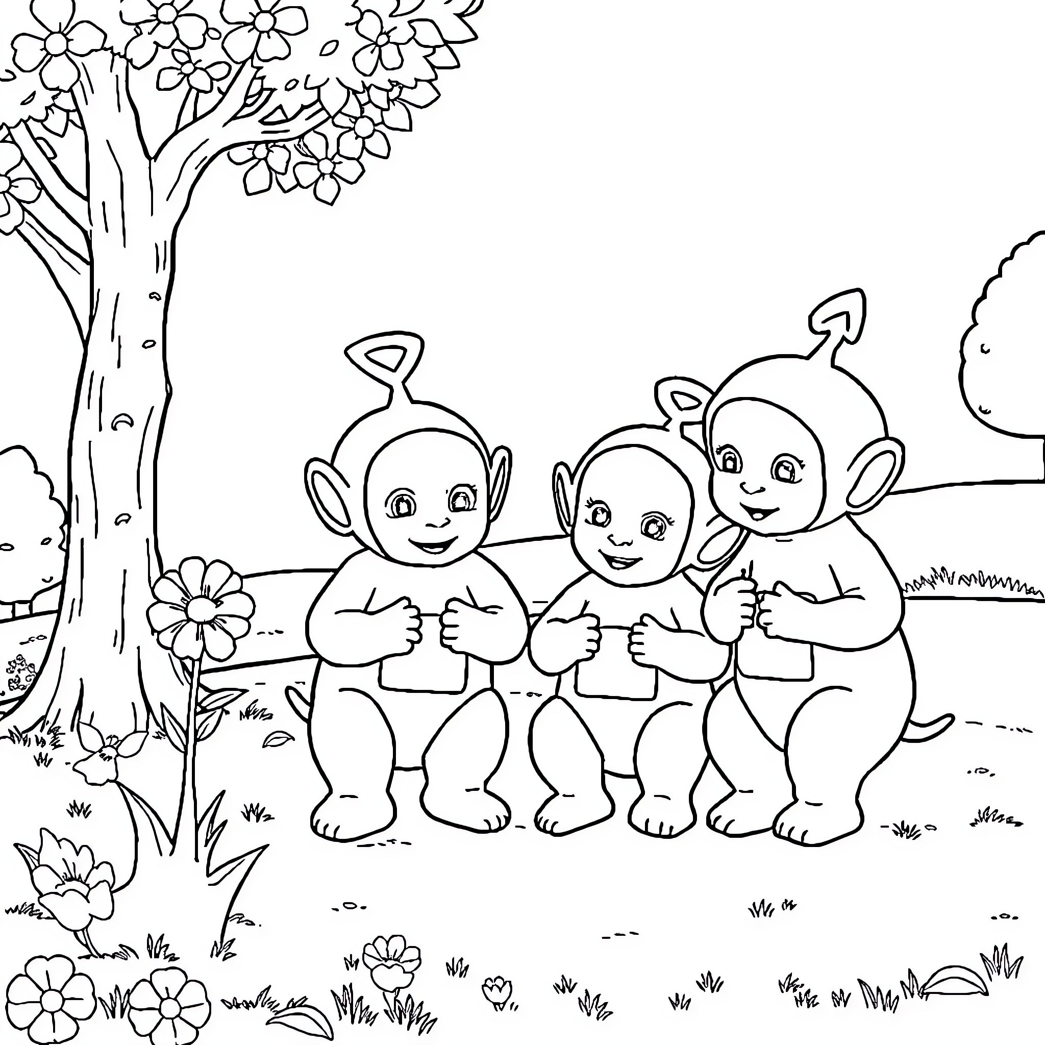Teletubbies playing happily in a flowery meadow Coloring Page (free black-and-white line drawing printable PDF for all, from beginners to advanced learners, including children, teens, adults, and seniors)