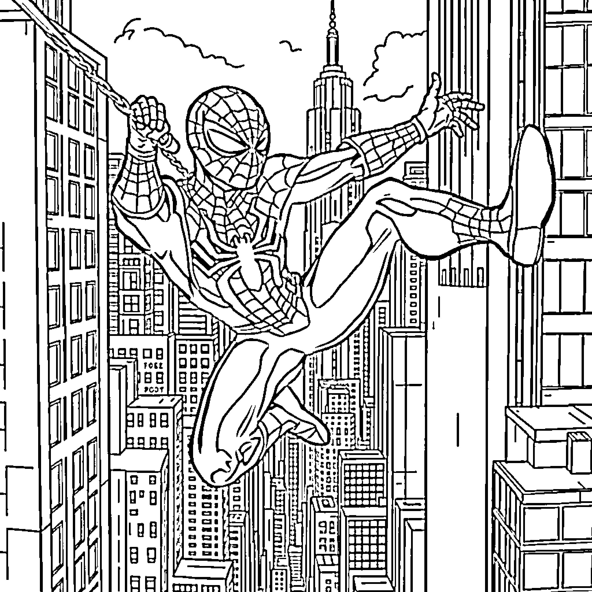 Spiderman swinging through the city skyline Coloring Page (free black-and-white line drawing printable PDF for all, from beginners to advanced learners, including children, teens, adults, and seniors)