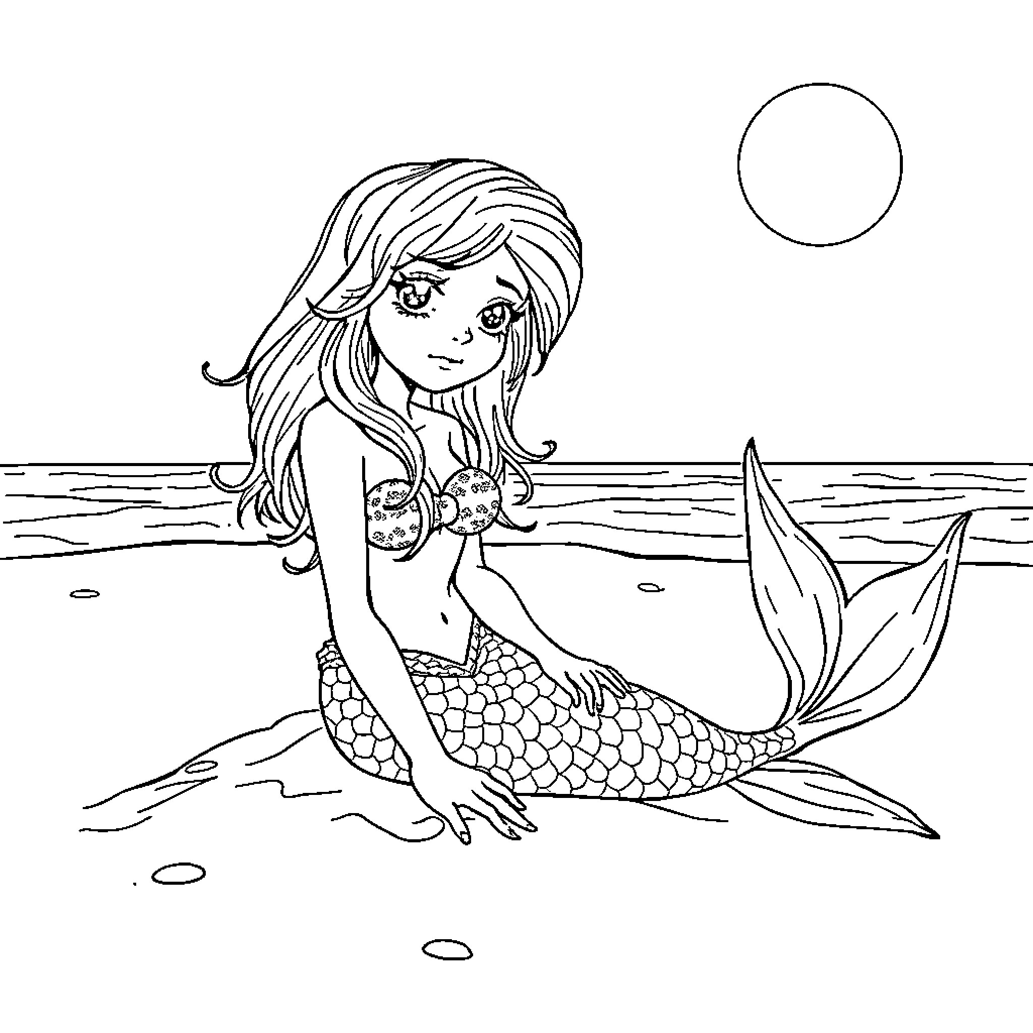 Mermaid enjoying the ocean at sunset Coloring Page (free black-and-white line drawing printable PDF for all, from beginners to advanced learners, including children, teens, adults, and seniors)