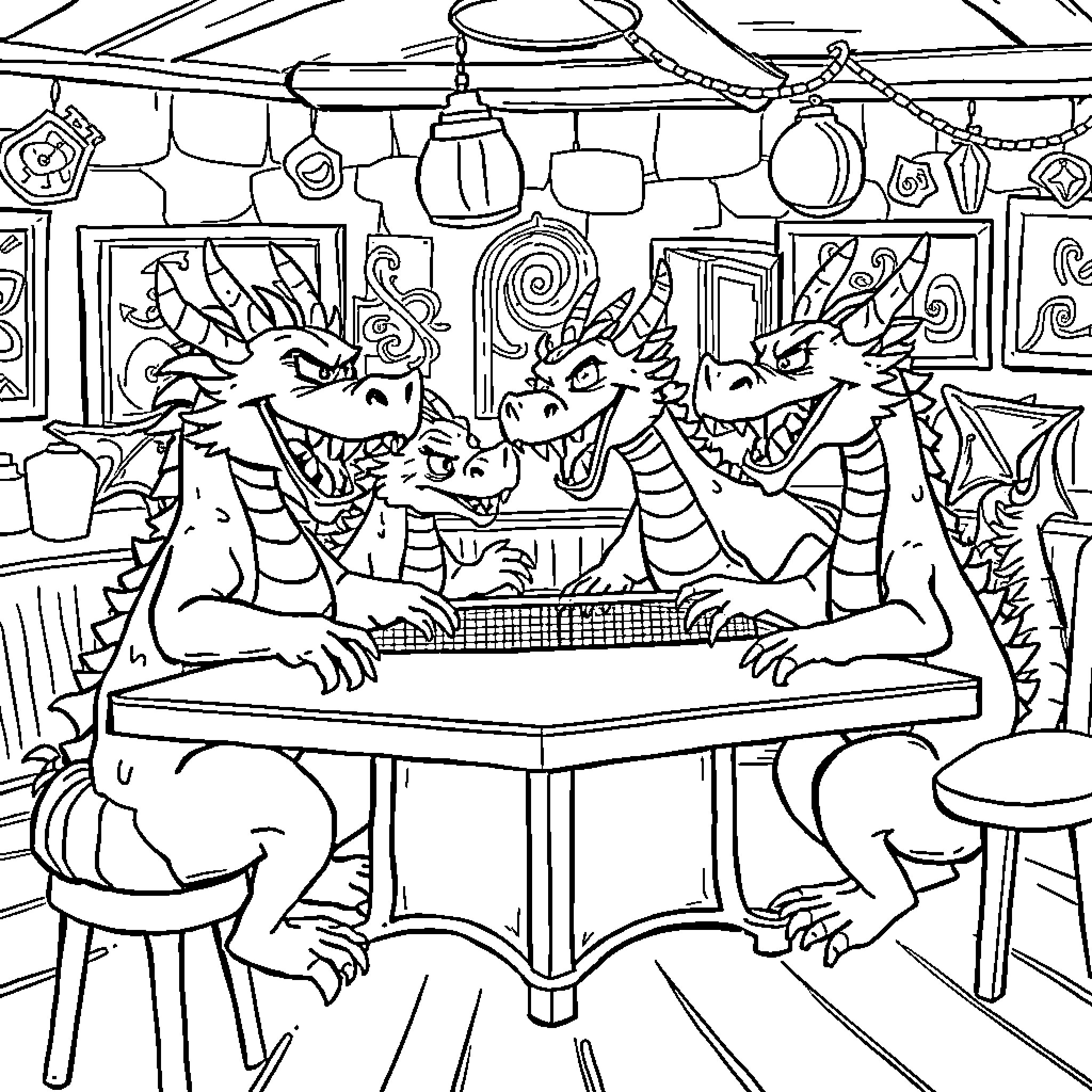 Dragon trio playing a game together in a cozy tavern Coloring Page (free black-and-white line drawing printable PDF for all, from beginners to advanced learners, including children, teens, adults, and seniors)