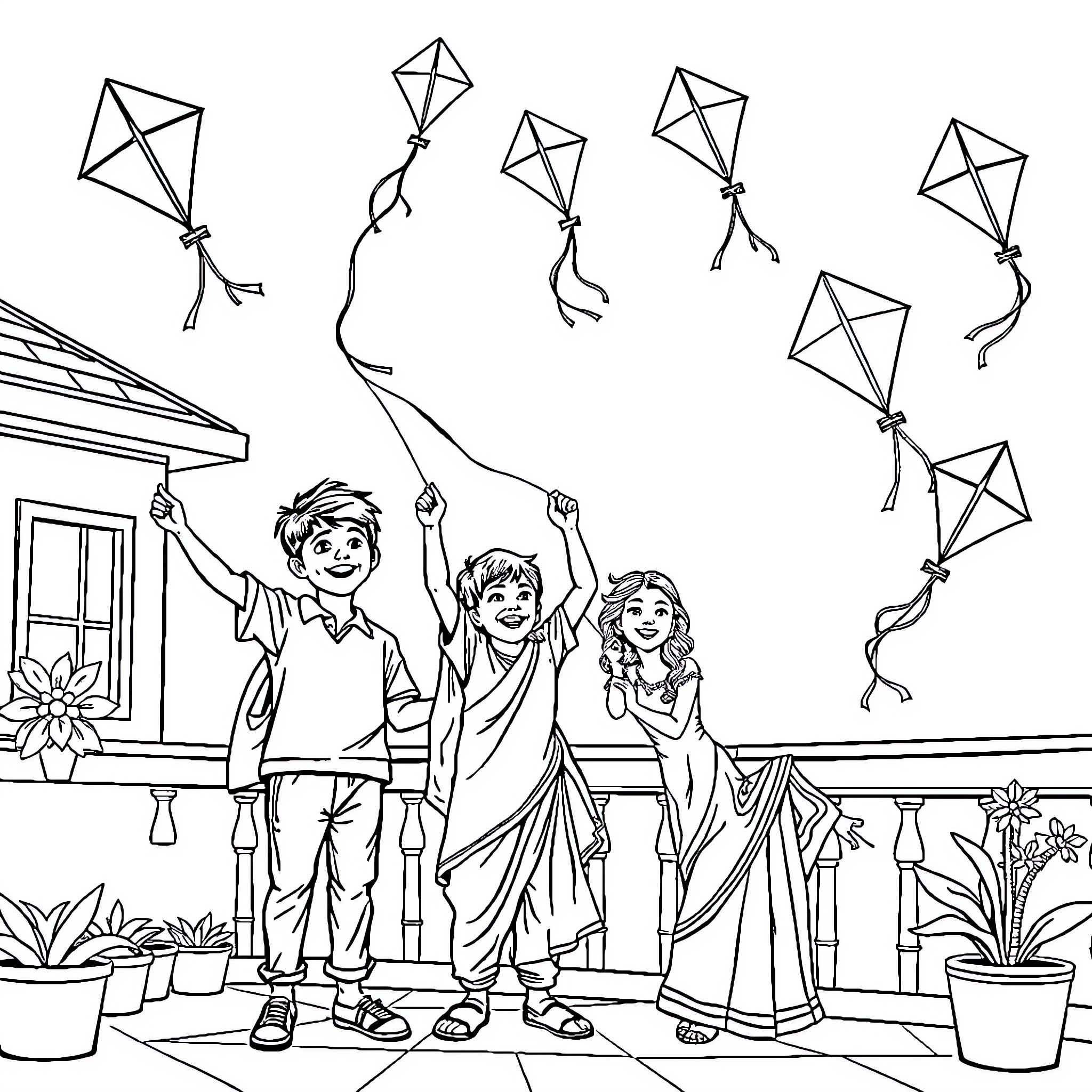 Kite flying with joyful children on a balcony Coloring Page (free black-and-white line drawing printable PDF for all, from beginners to advanced learners, including children, teens, adults, and seniors)