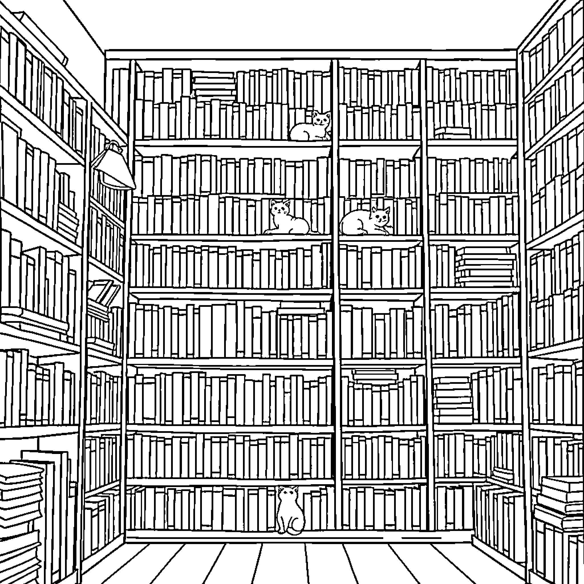 Cats exploring a cozy bookshelf library Coloring Page (free black-and-white line drawing printable PDF for all, from beginners to advanced learners, including children, teens, adults, and seniors)