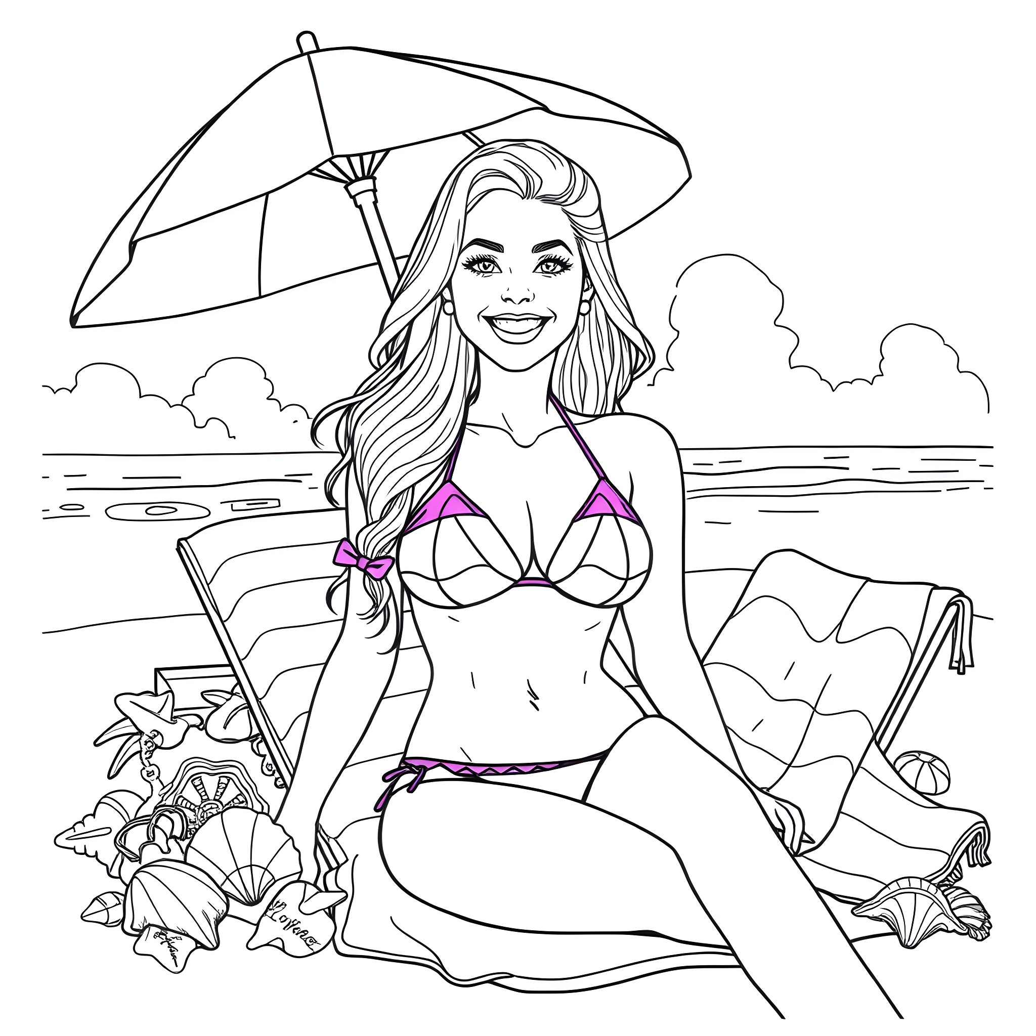 Lady Enjoying a Sunny Beach Day Coloring Page (free black-and-white line drawing printable PDF for all, from beginners to advanced learners, including children, teens, adults, and seniors)
