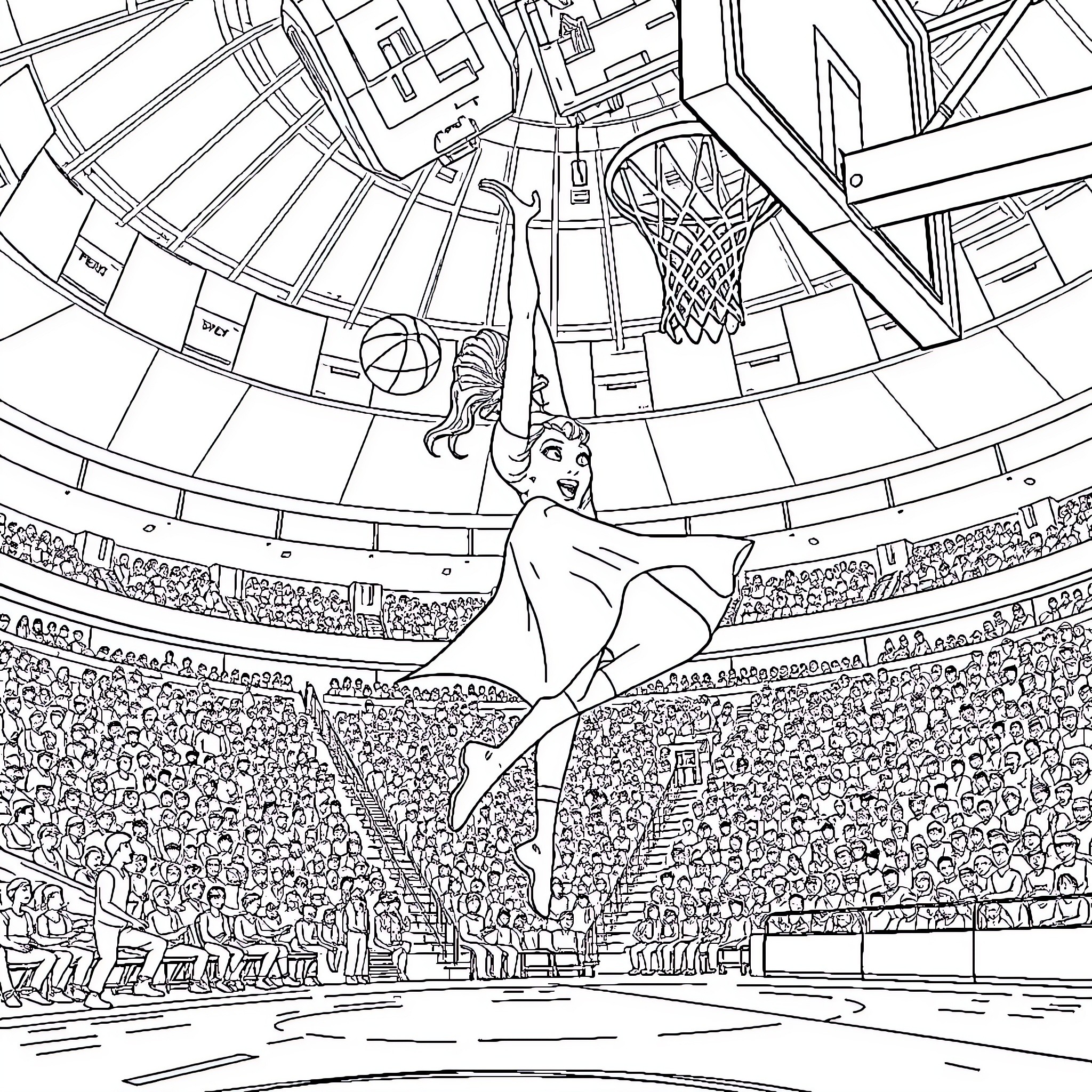 Elsa's Heroic Basketball Dunk in the Arena Coloring Page (free black-and-white line drawing printable PDF for all, from beginners to advanced learners, including children, teens, adults, and seniors)