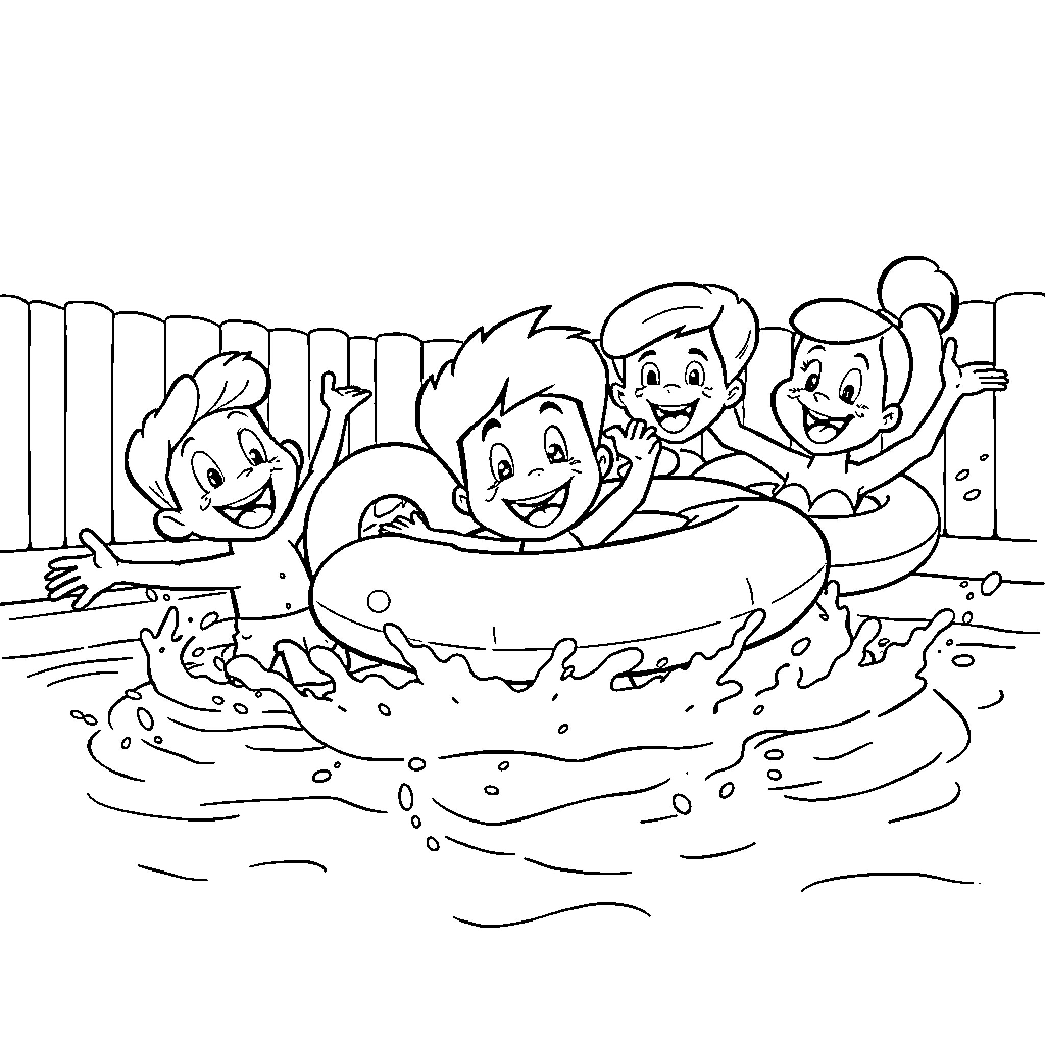Blue-clad kids playing joyfully in the pool Coloring Page (free black-and-white line drawing printable PDF for all, from beginners to advanced learners, including children, teens, adults, and seniors)