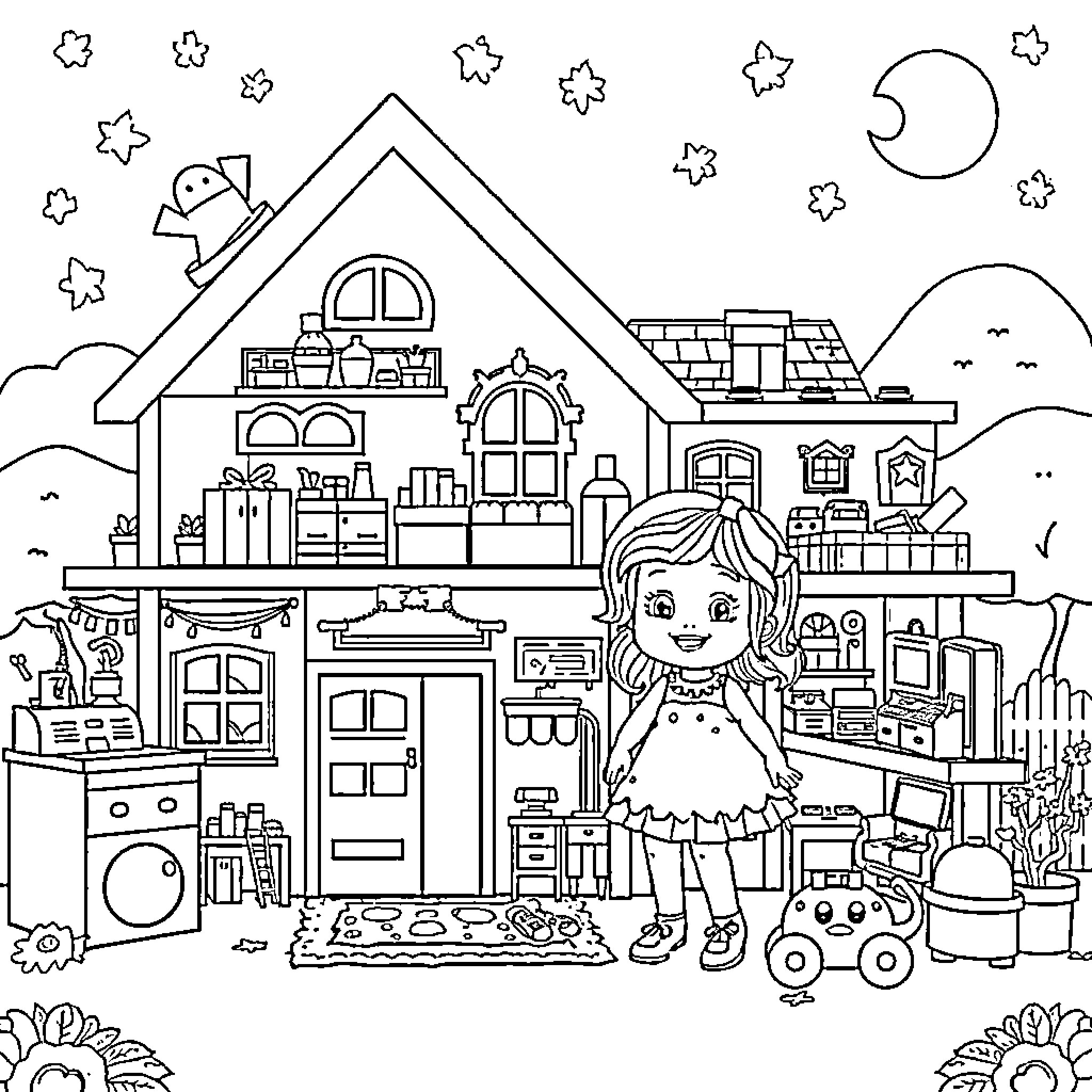 Dollhouse with Girl and Toys in Cozy Interior Coloring Page (free black-and-white line drawing printable PDF for all, from beginners to advanced learners, including children, teens, adults, and seniors)