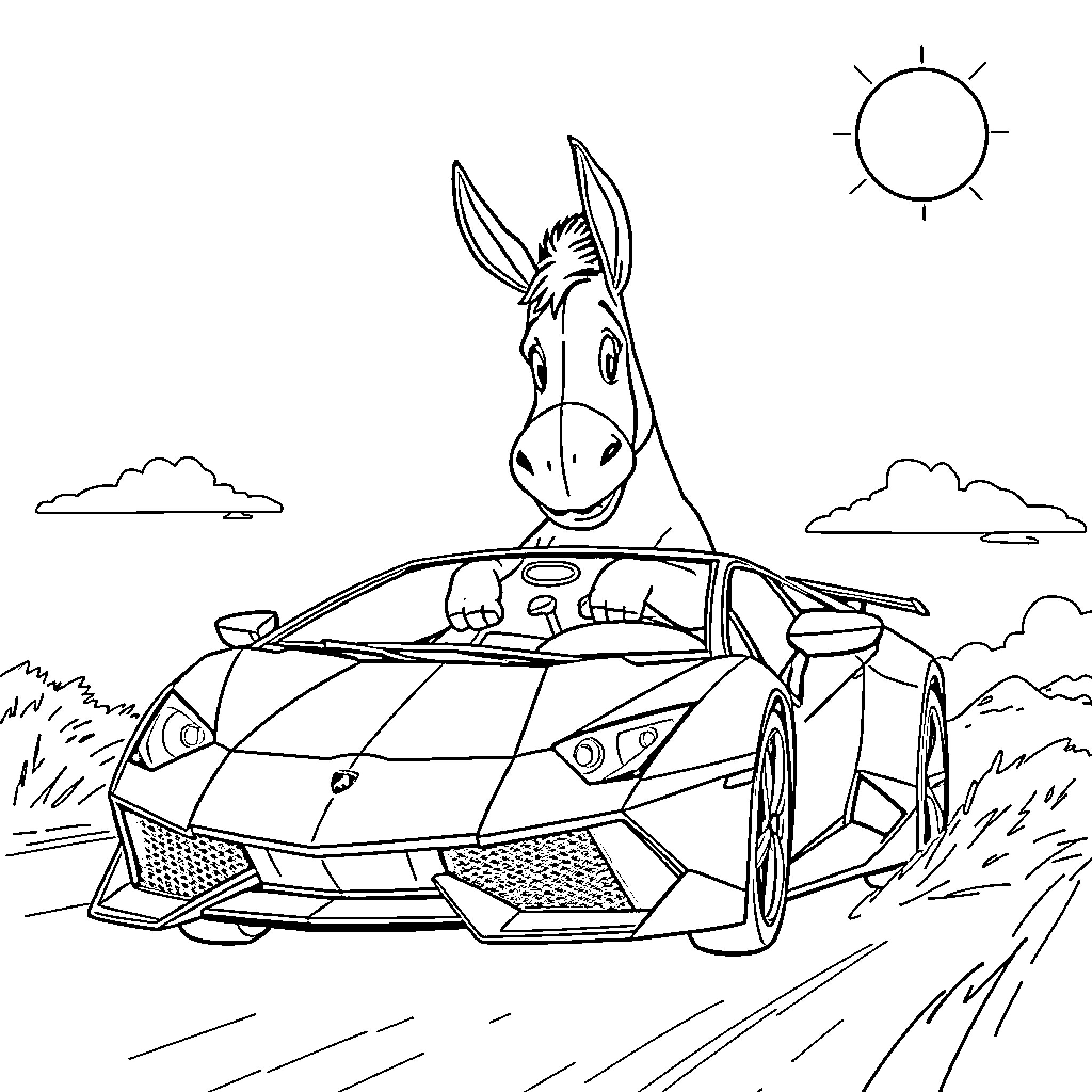 Eeyore's joy ride in a flashy sports car Coloring Page (free black-and-white line drawing printable PDF for all, from beginners to advanced learners, including children, teens, adults, and seniors)