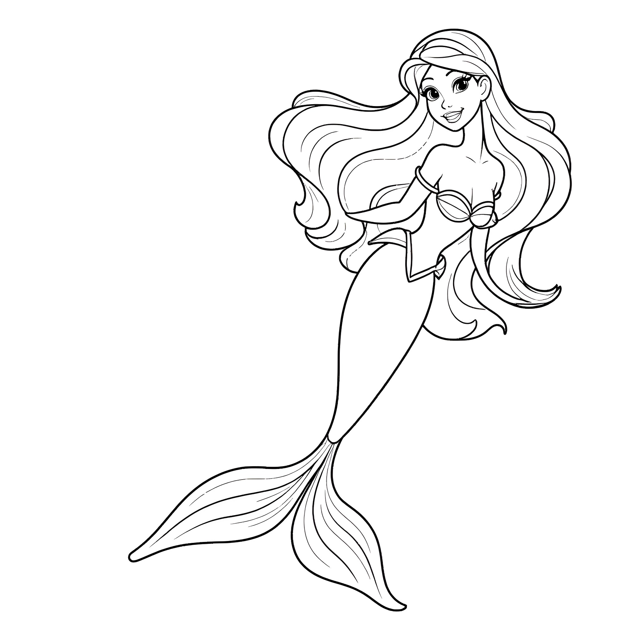 Mermaid swimming gracefully with flowing hair Coloring Page (free black-and-white line drawing printable PDF for all, from beginners to advanced learners, including children, teens, adults, and seniors)