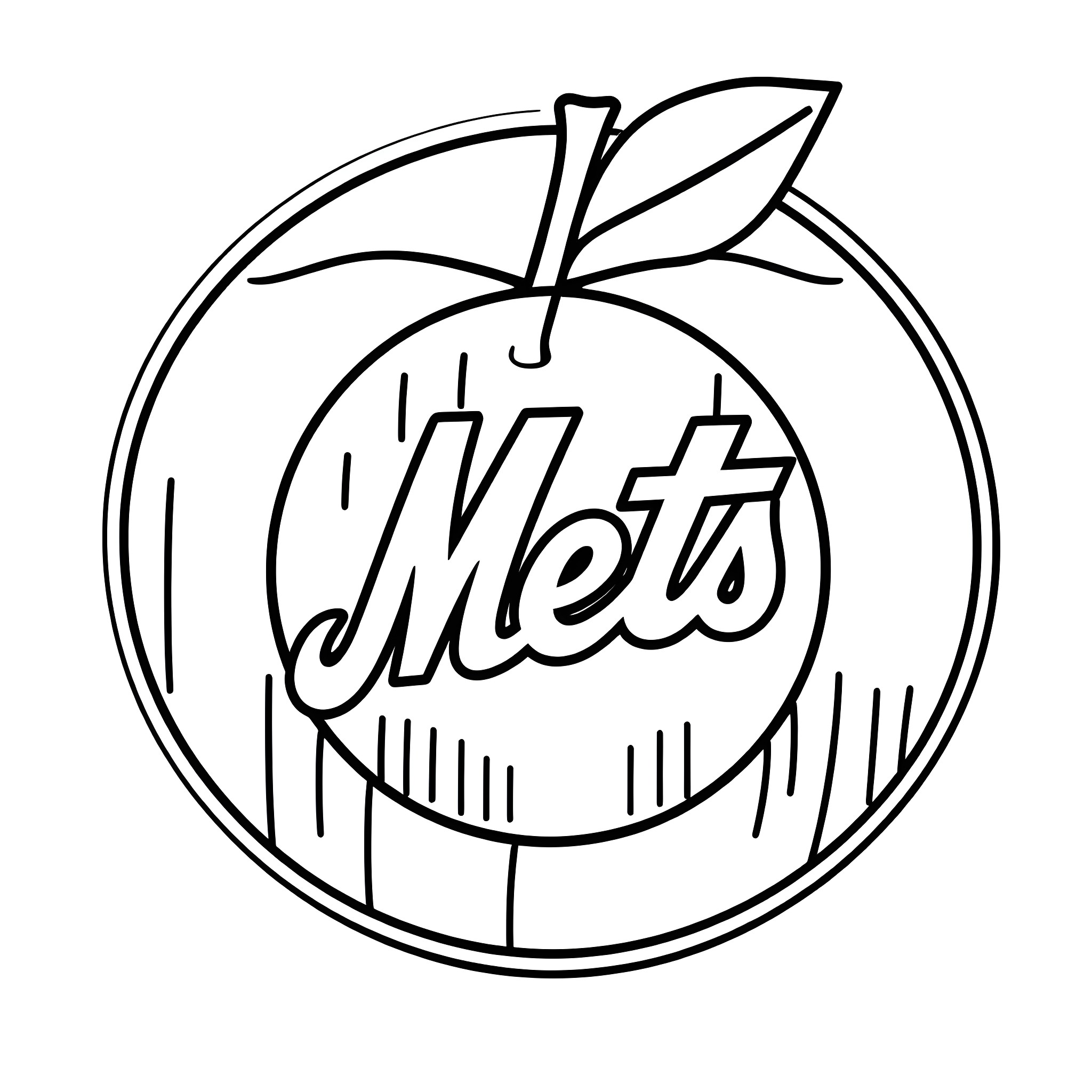 Apple logo with the text 'Mets' inside Coloring Page (free black-and-white line drawing printable PDF for all, from beginners to advanced learners, including children, teens, adults, and seniors)