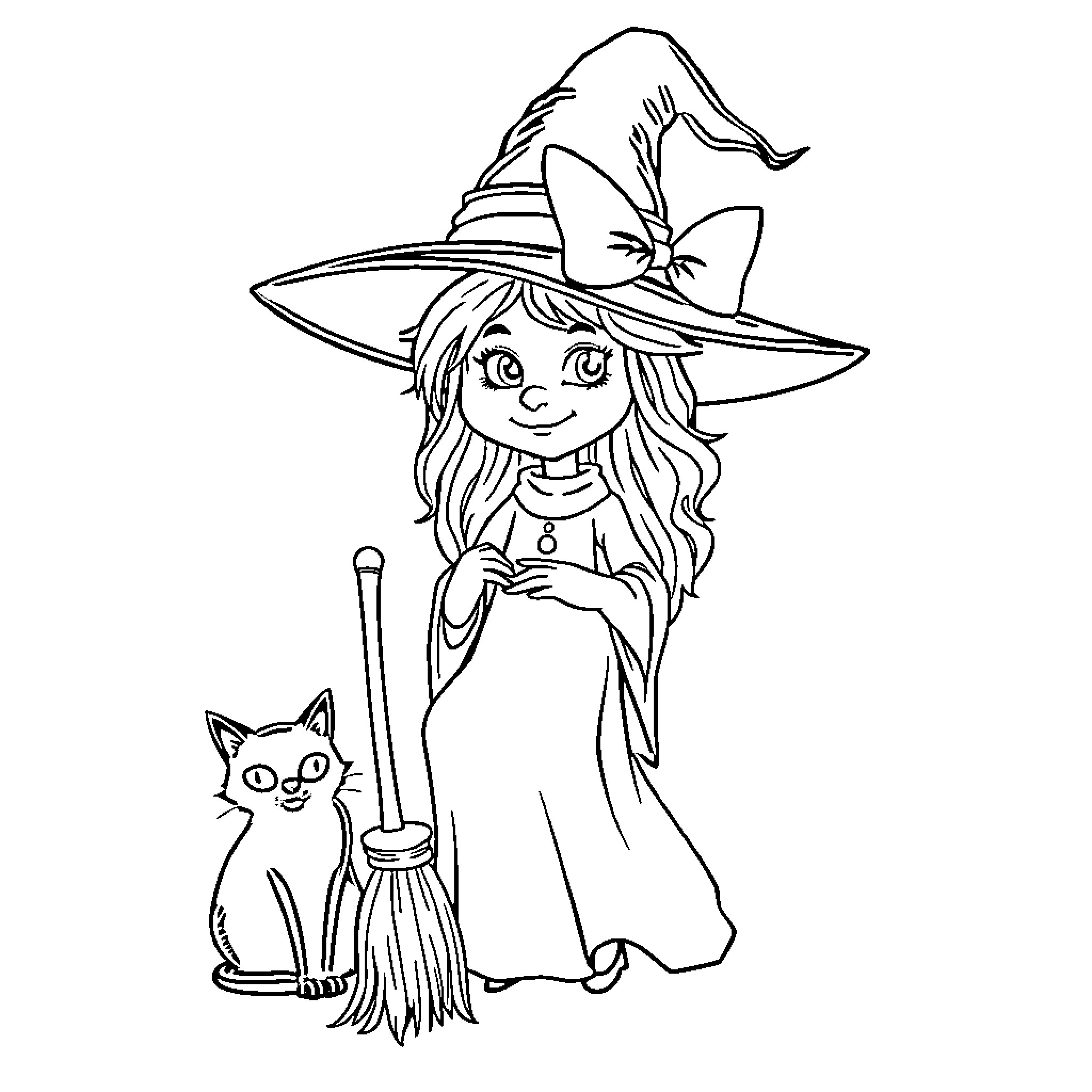 Witch holding broomstick with her black cat companion Coloring Page (free black-and-white line drawing printable PDF for all, from beginners to advanced learners, including children, teens, adults, and seniors)
