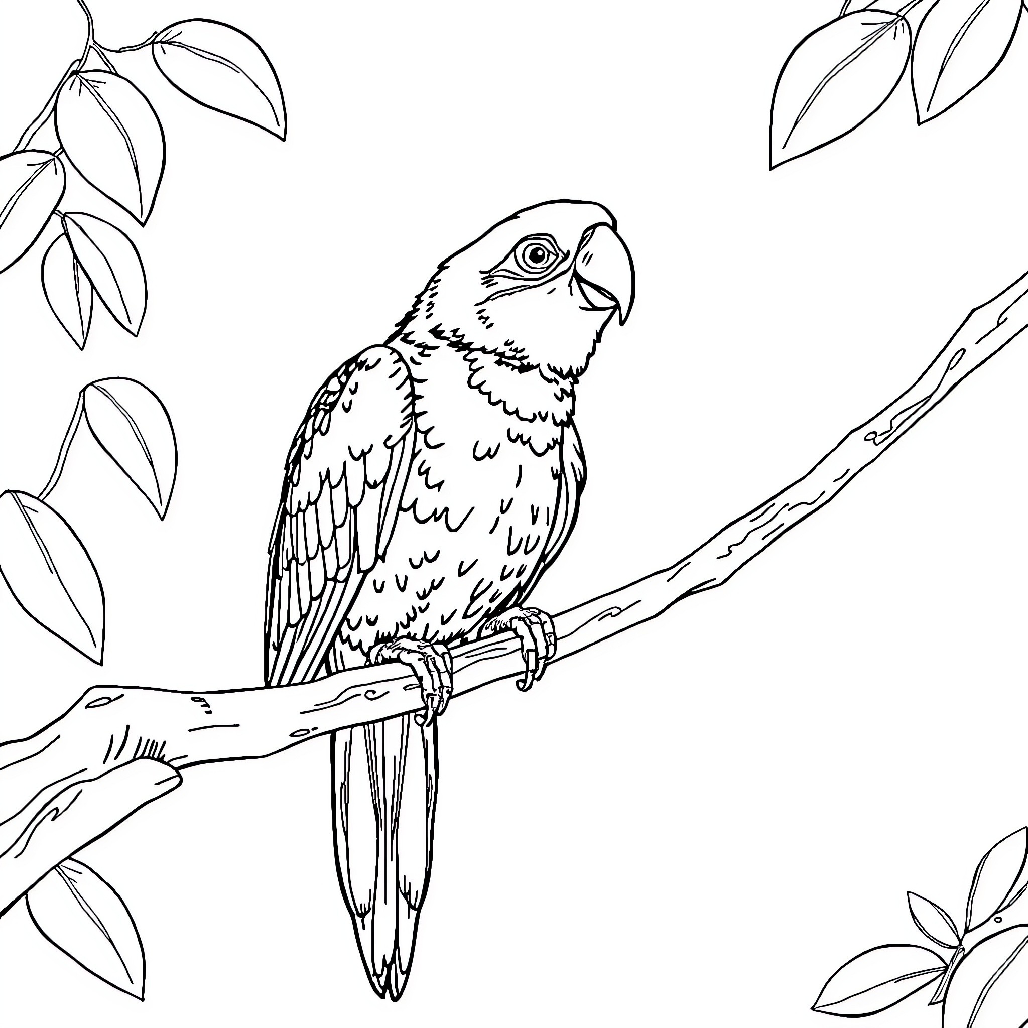 Parrot perched on branch with leaves Coloring Page (free black-and-white line drawing printable PDF for all, from beginners to advanced learners, including children, teens, adults, and seniors)