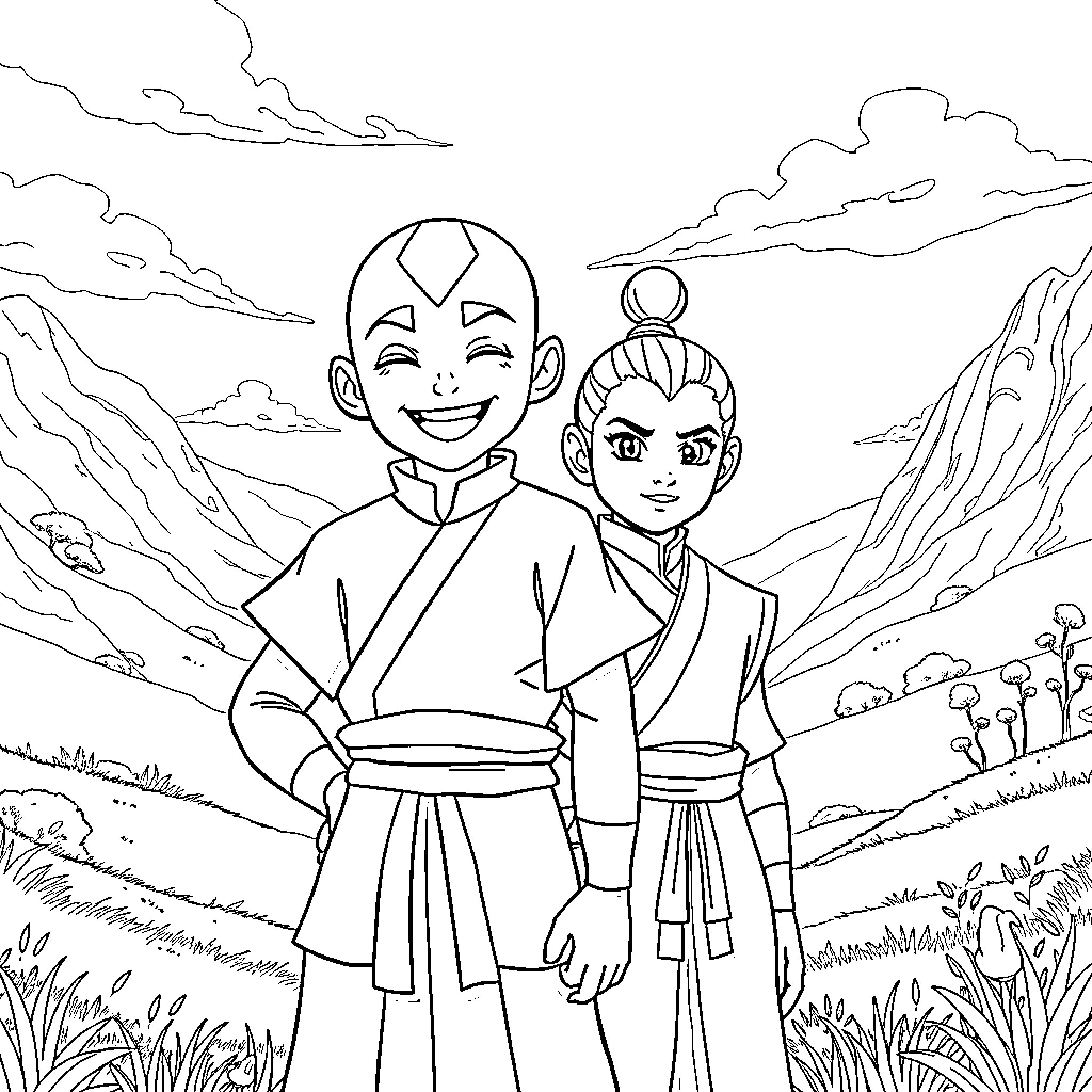 Avatar characters on an adventure in nature Coloring Page (free black-and-white line drawing printable PDF for all, from beginners to advanced learners, including children, teens, adults, and seniors)