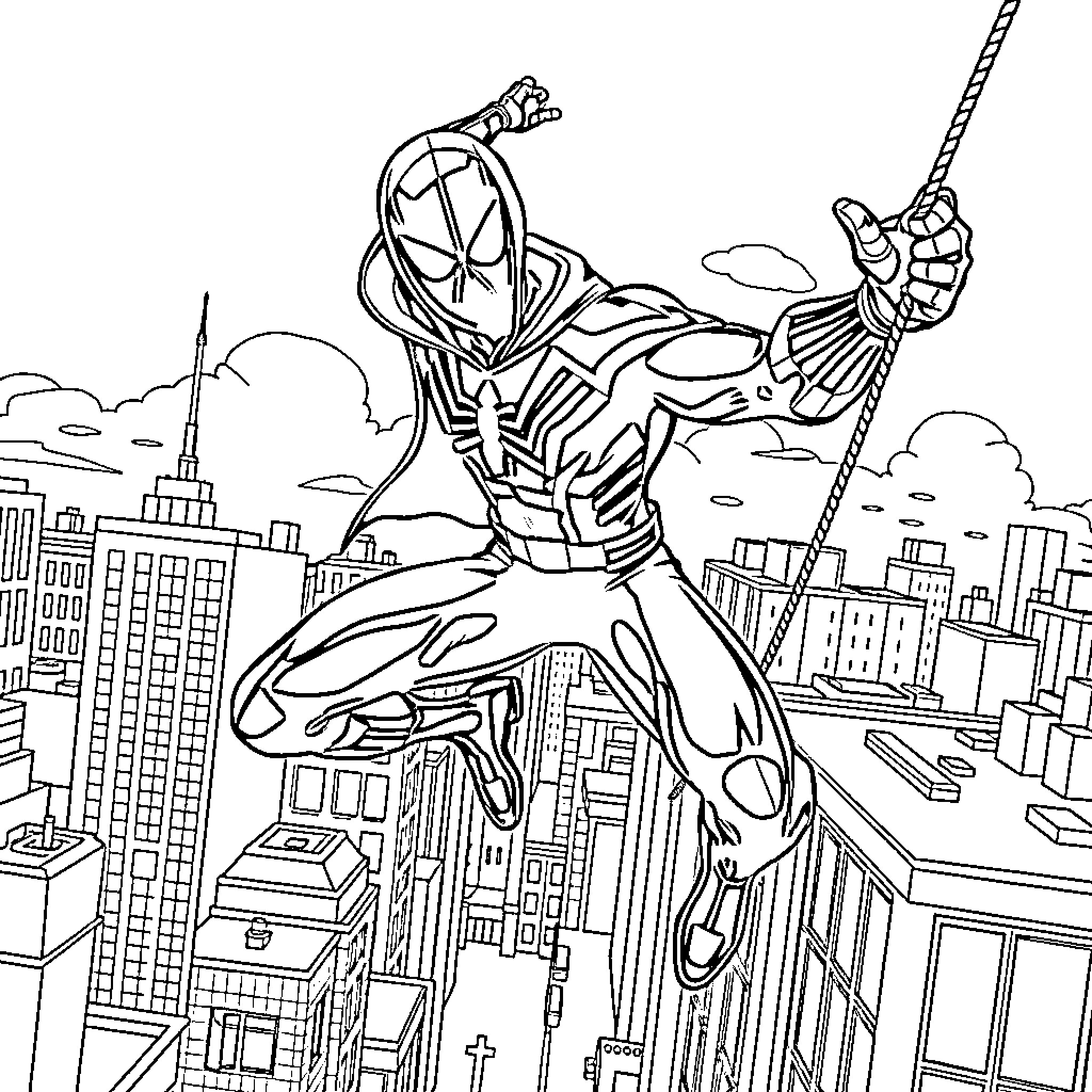 Spaiderman swinging through the city on his web Coloring Page (free black-and-white line drawing printable PDF for all, from beginners to advanced learners, including children, teens, adults, and seniors)
